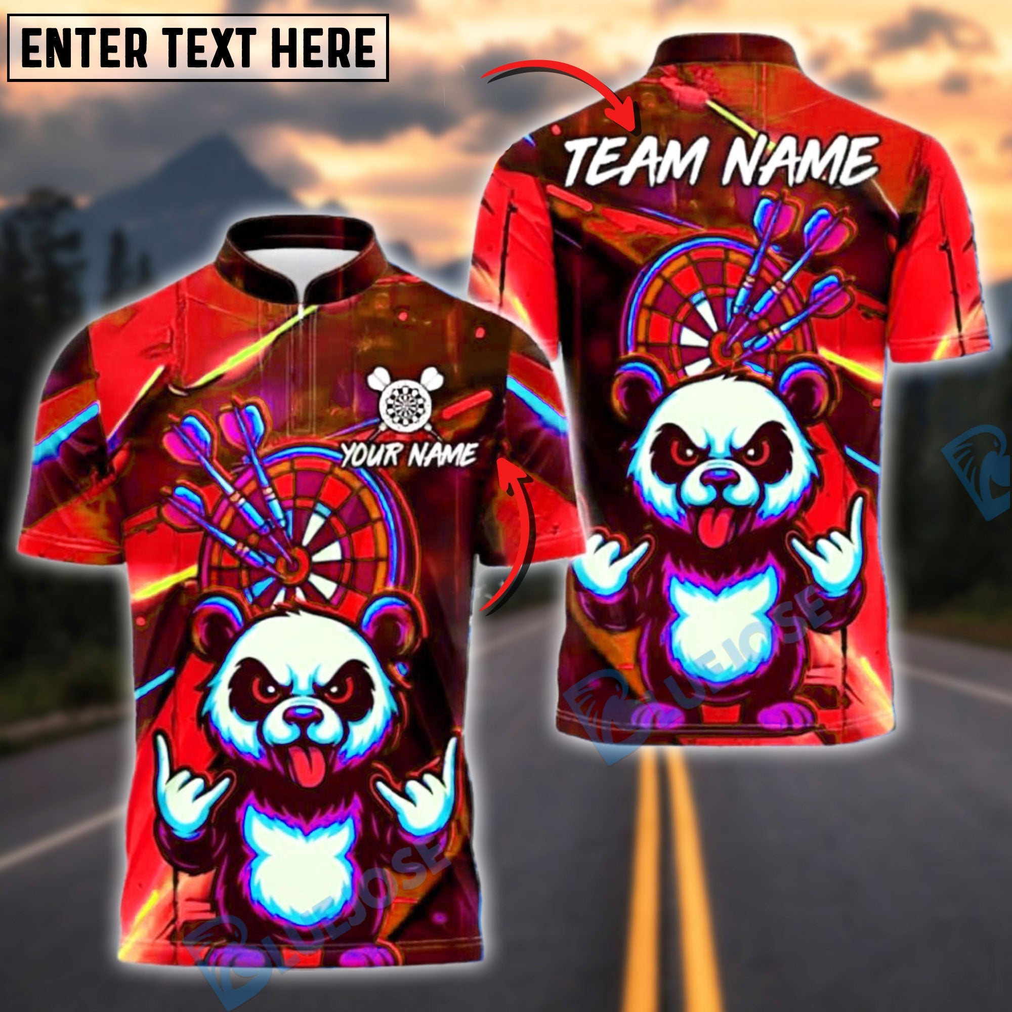 BlueJose Darts Angry Panda Neon Graffiti Customized Name, Team Name 3D Shirt (4 Colors)