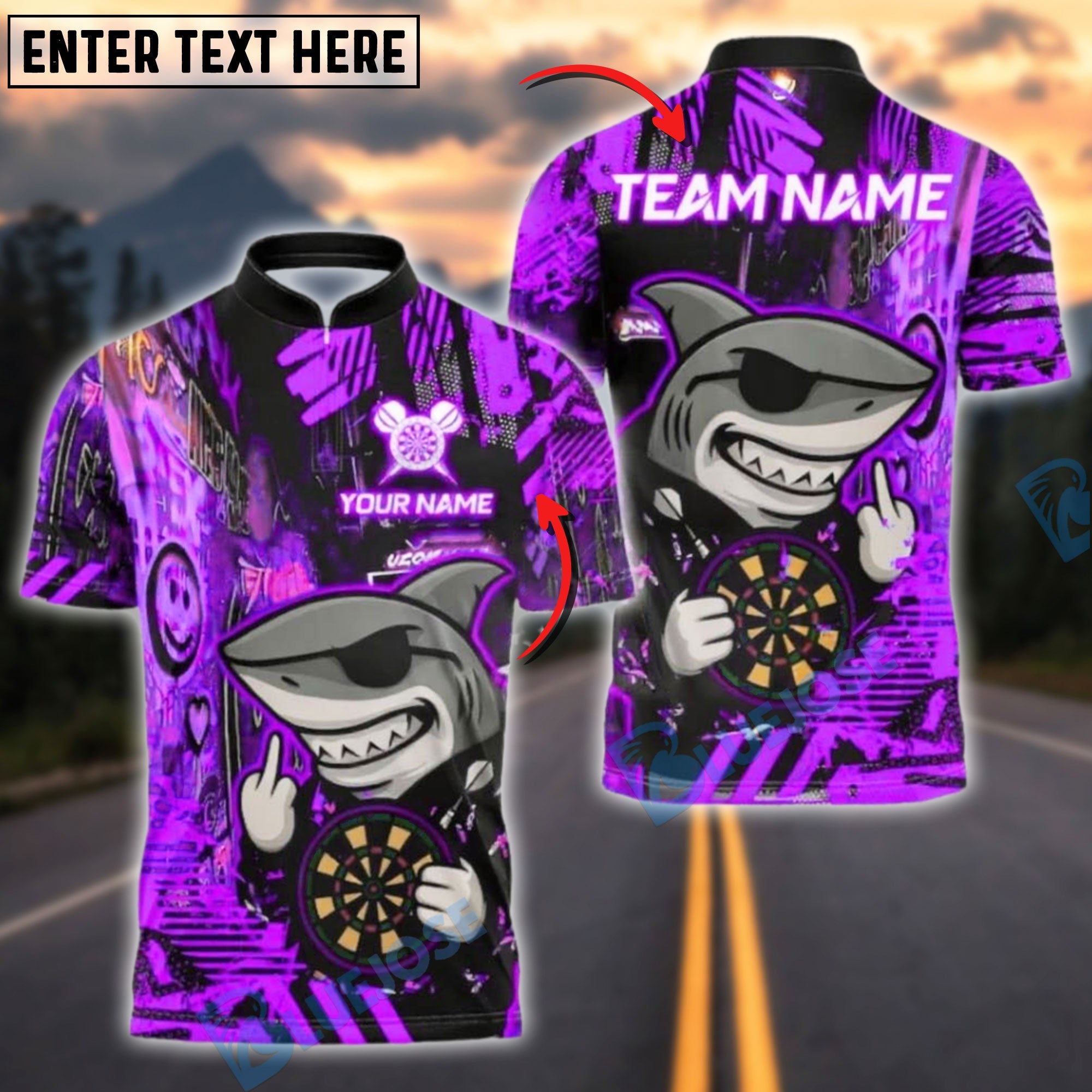 BlueJose Darts Shark Graffiti Neon Style Customized Name, Team Name 3D Shirt (4 Colors)