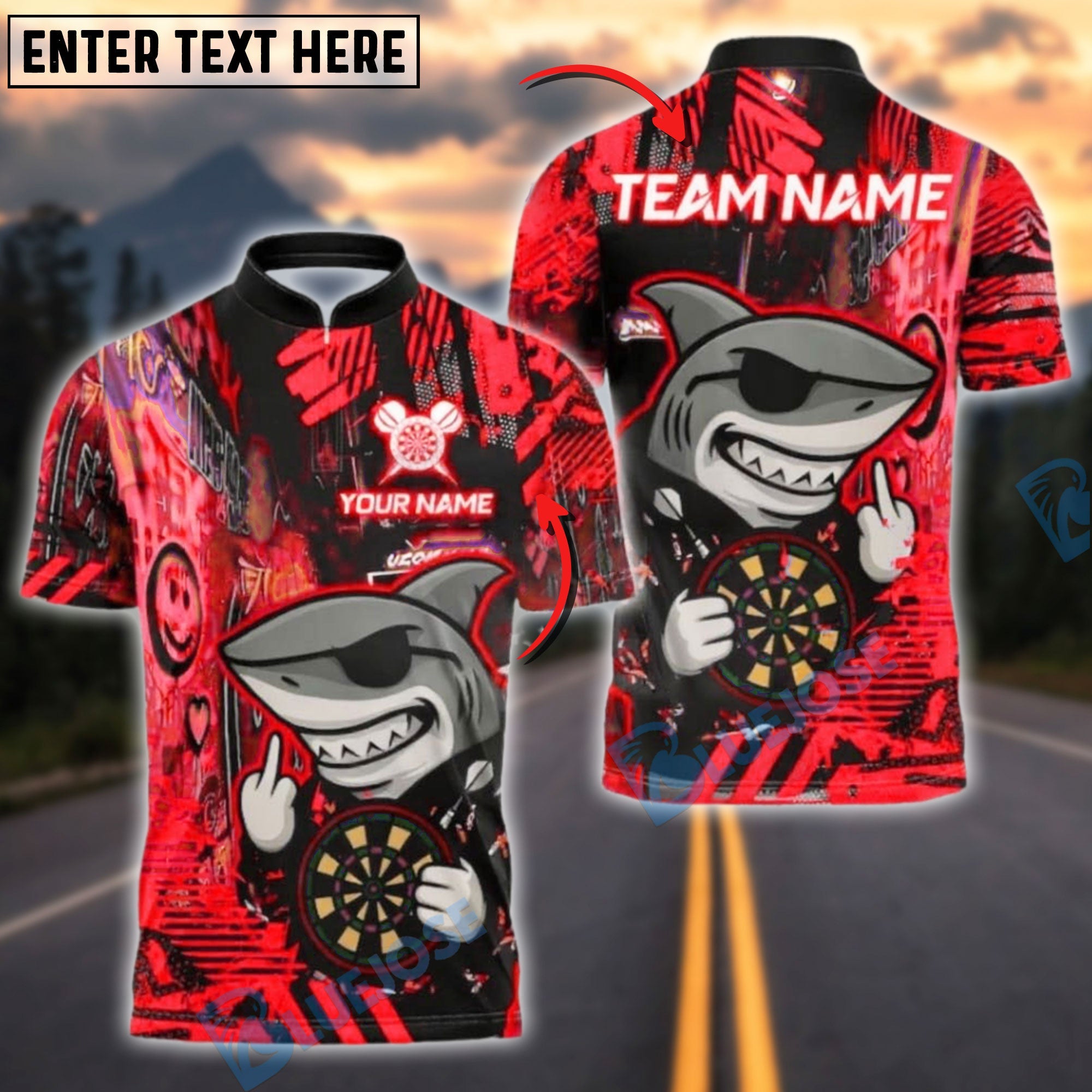 BlueJose Darts Shark Graffiti Neon Style Customized Name, Team Name 3D Shirt (4 Colors)