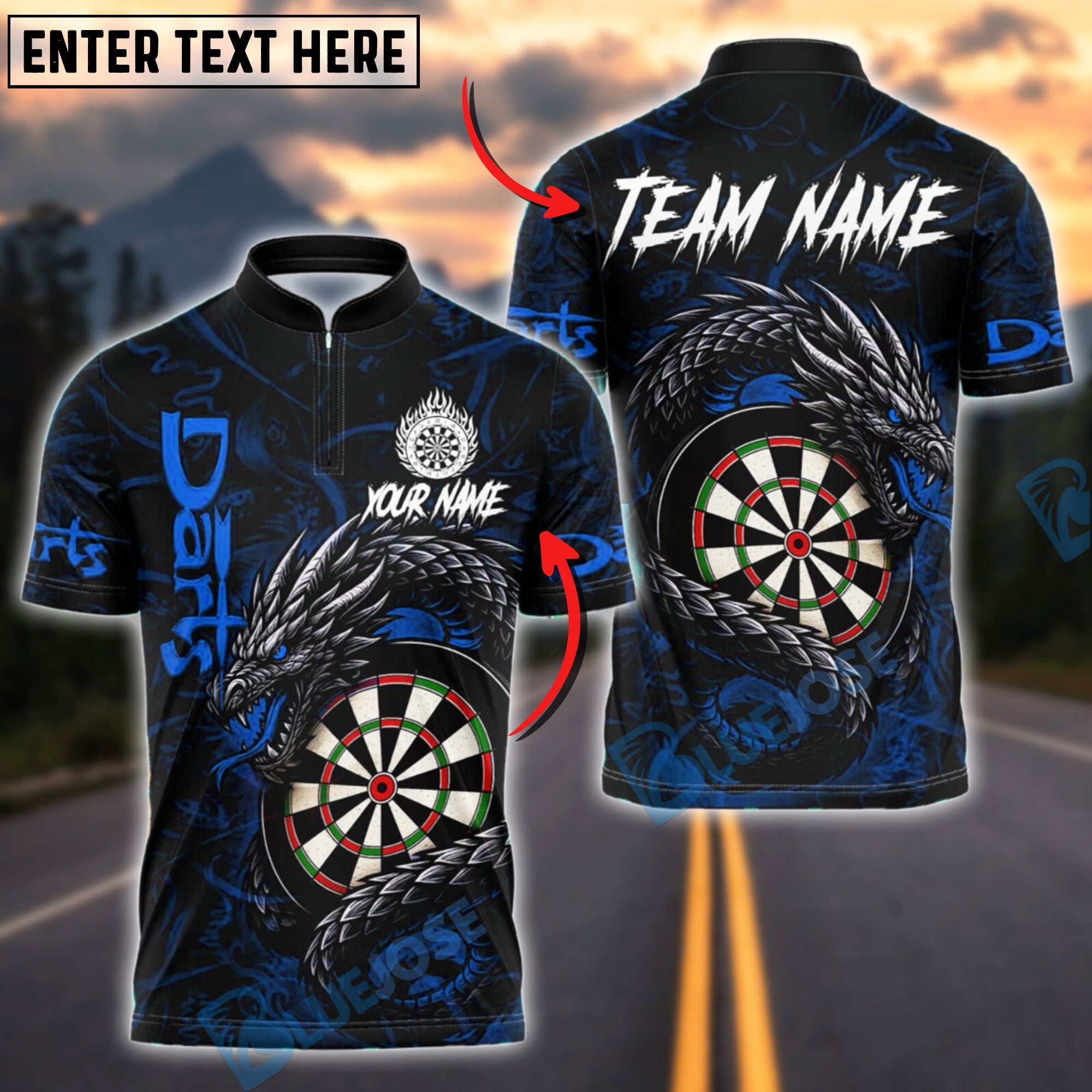 BlueJose Darts Dragon Flame Red Black Customized Name, Team Name 3D Shirt (4 Colors)