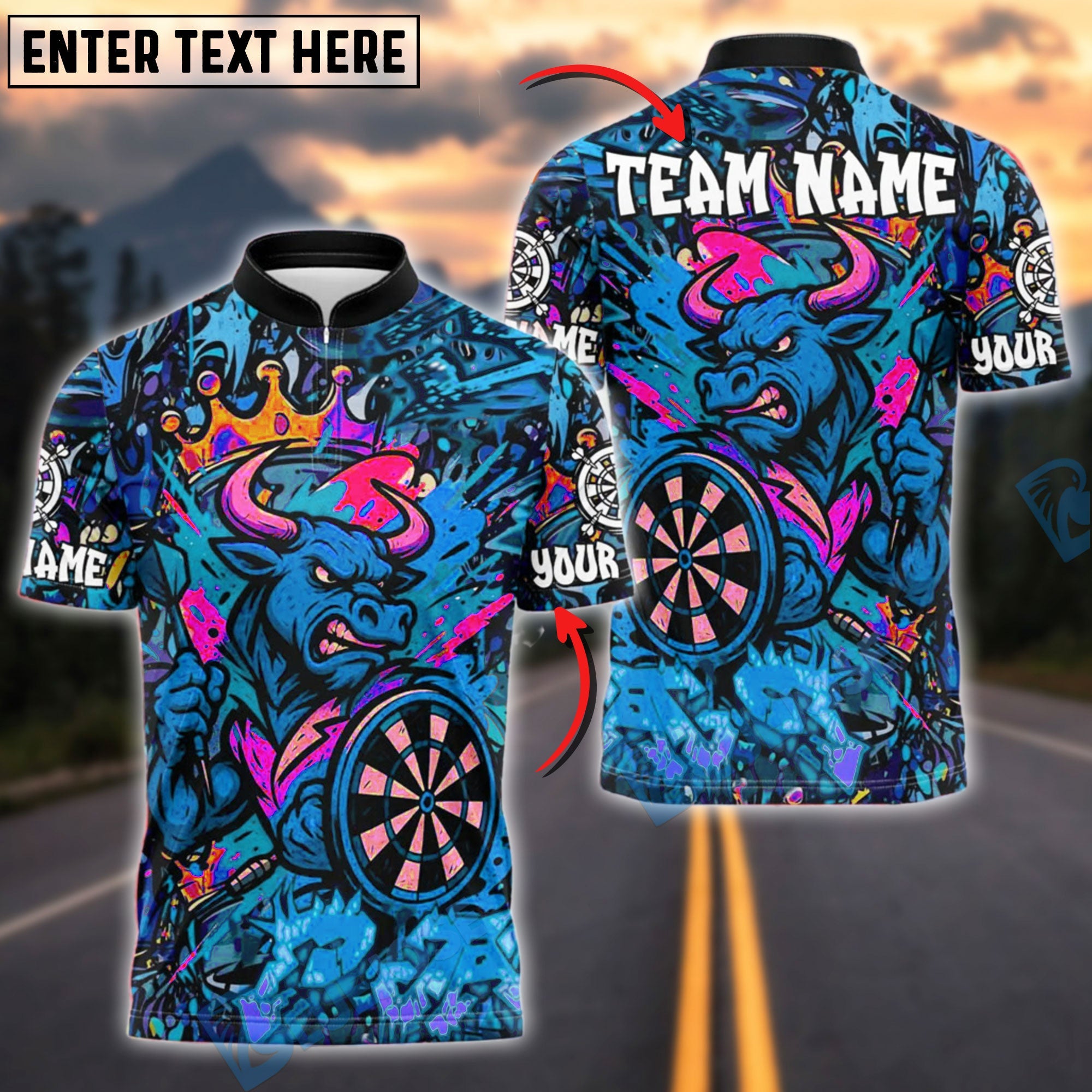 BlueJose Darts Angry Bull Graffiti Crown Customized Name, Team Name 3D Shirt (4 Colors)