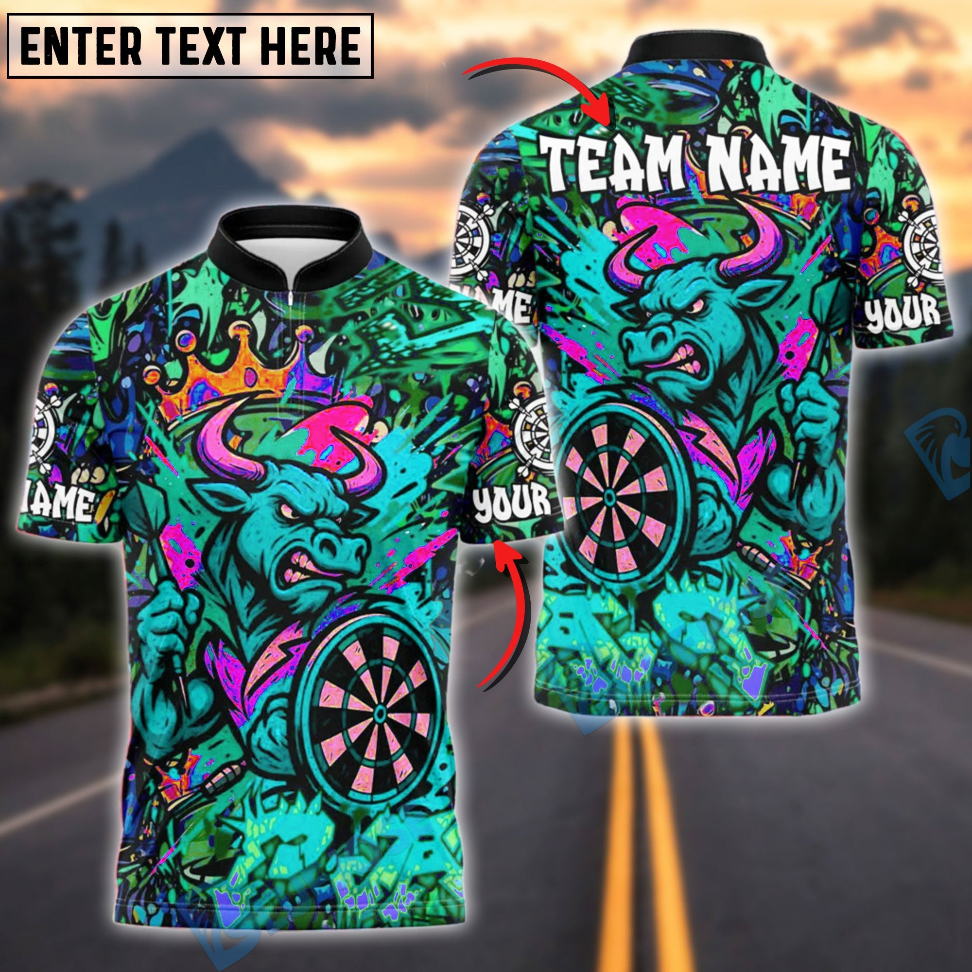 BlueJose Darts Angry Bull Graffiti Crown Customized Name, Team Name 3D Shirt (4 Colors)