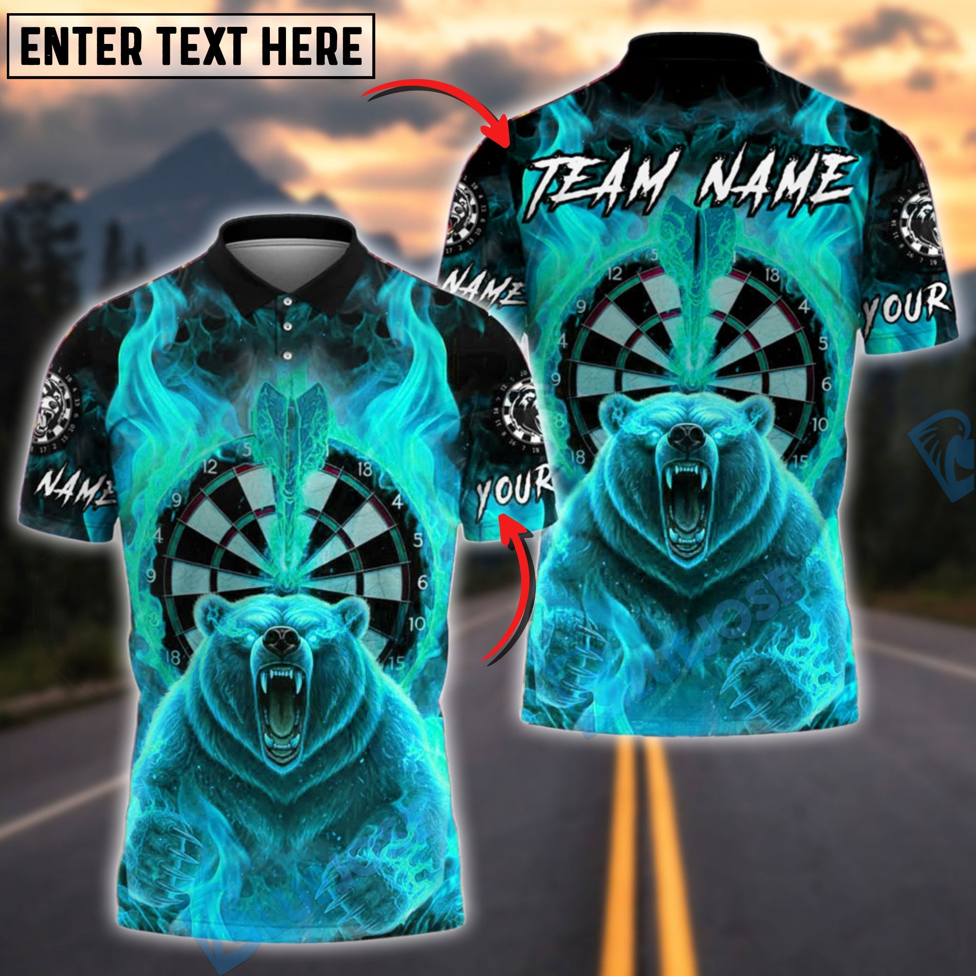 BlueJose Darts Flaming Bear Customized Name, Team Name 3D Shirt (4 Colors)