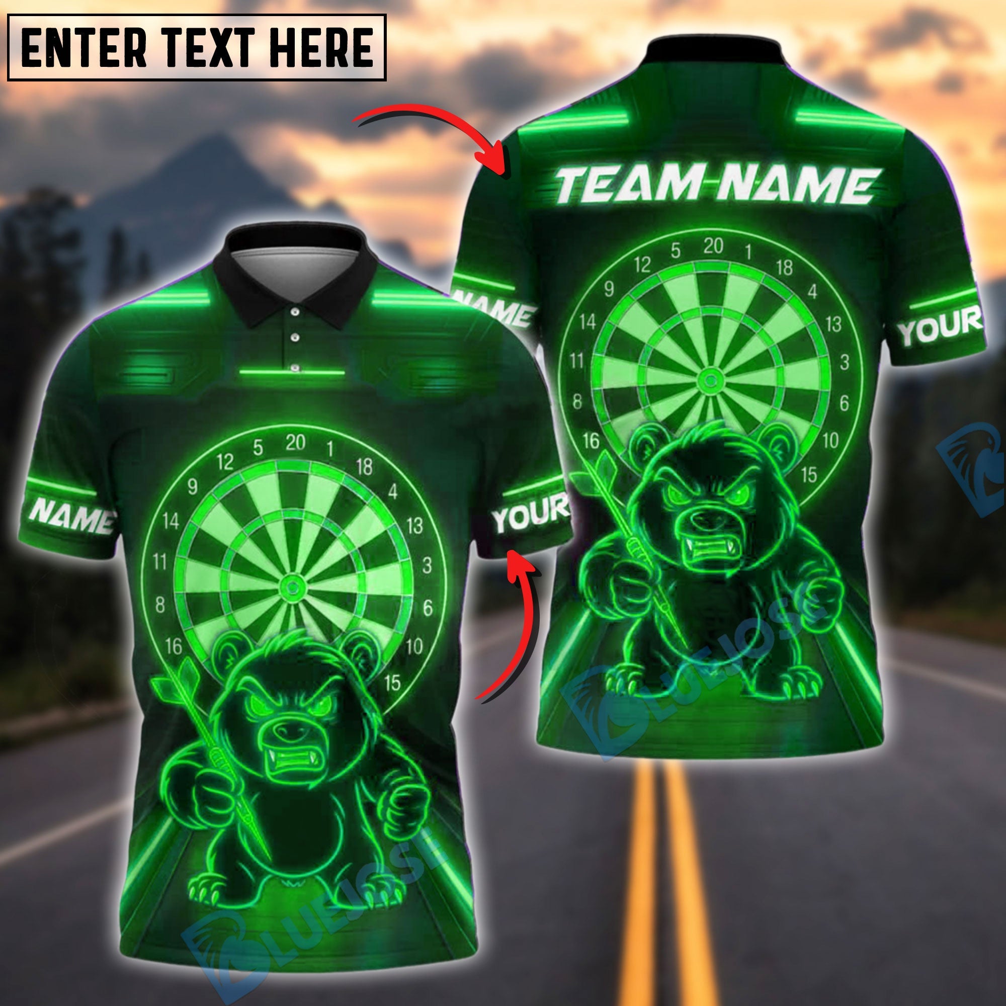 BlueJose Darts Neon Angry Bear Customized Name, Team Name 3D Shirt (4 Colors)
