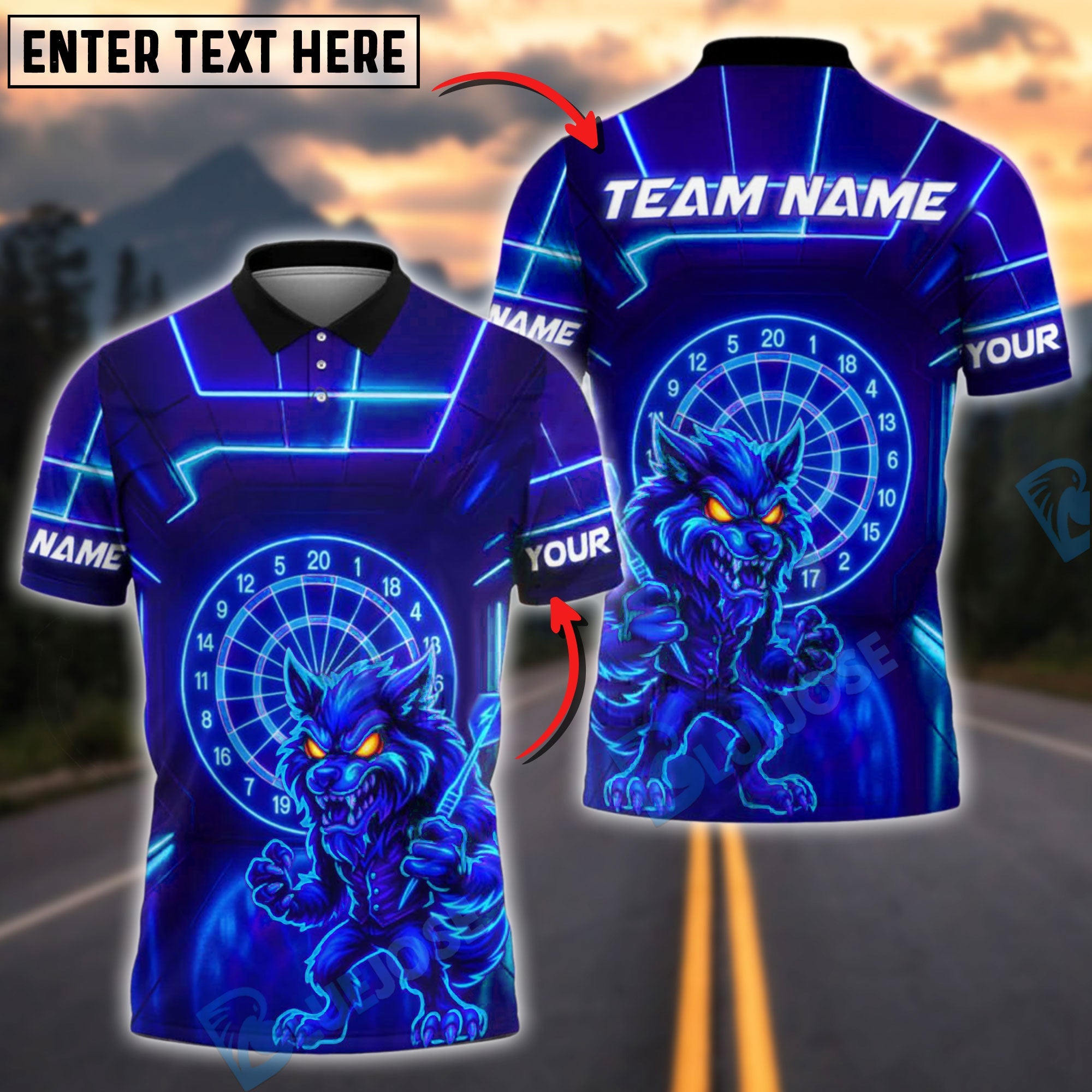 BlueJose Darts Neon Wolf Customized Name, Team Name 3D Shirt (4 Colors)