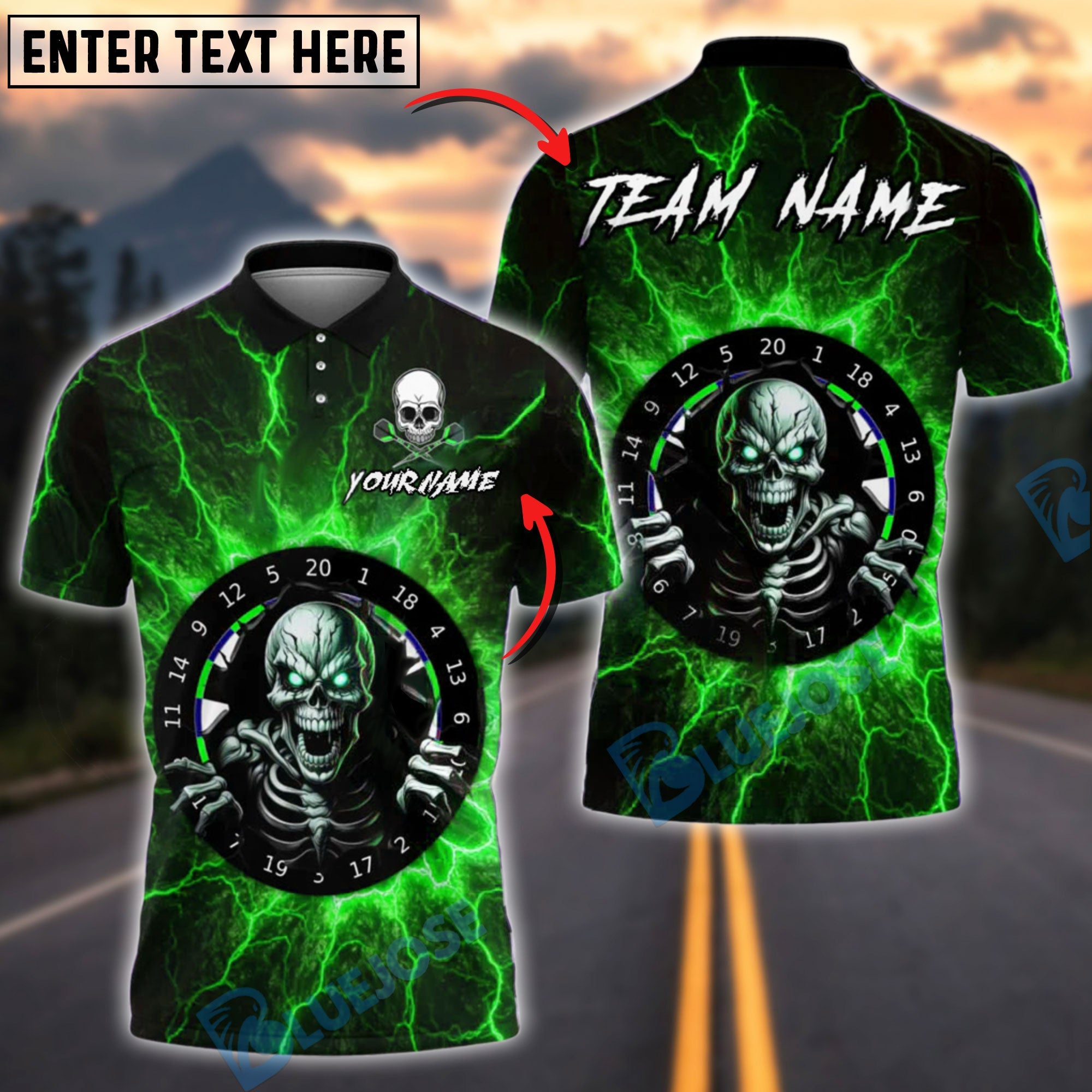 BlueJose Darts Lightning Evil Skull Board Customized Name, Team Name 3D Shirt (4 Colors)