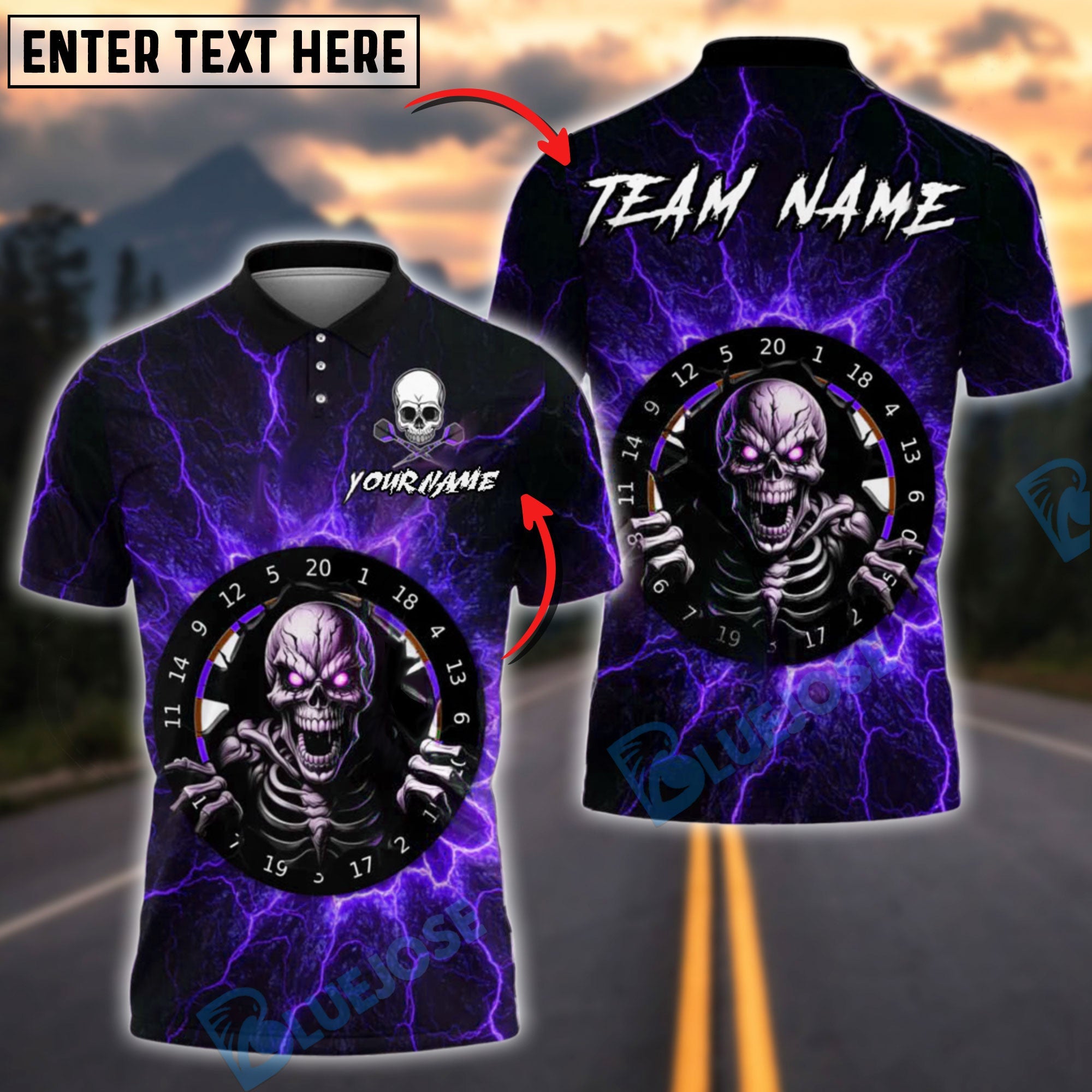 BlueJose Darts Lightning Evil Skull Board Customized Name, Team Name 3D Shirt (4 Colors)