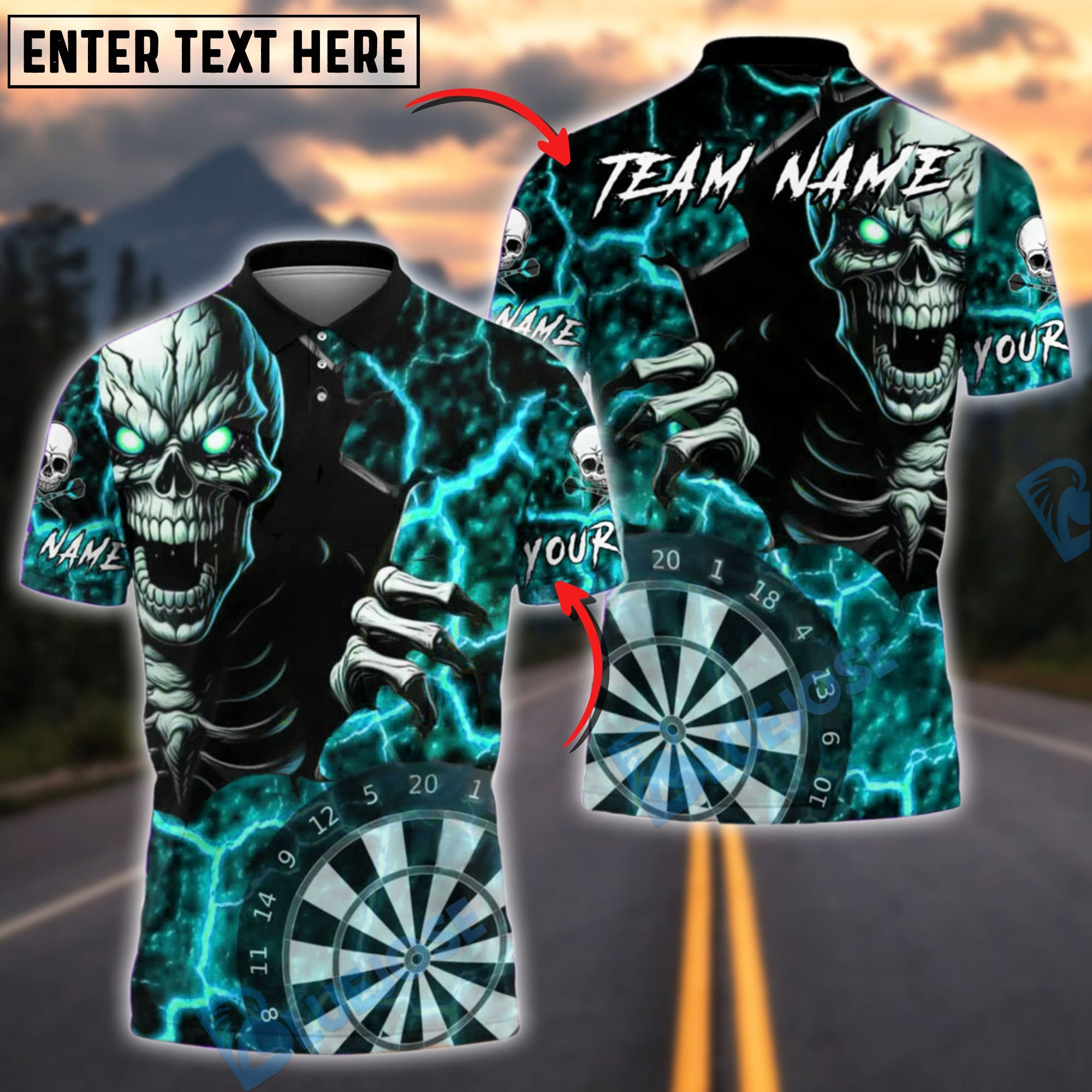 BlueJose Darts Fiery Skull With Dartboard Customized Name, Team Name 3D Shirt (4 Colors)