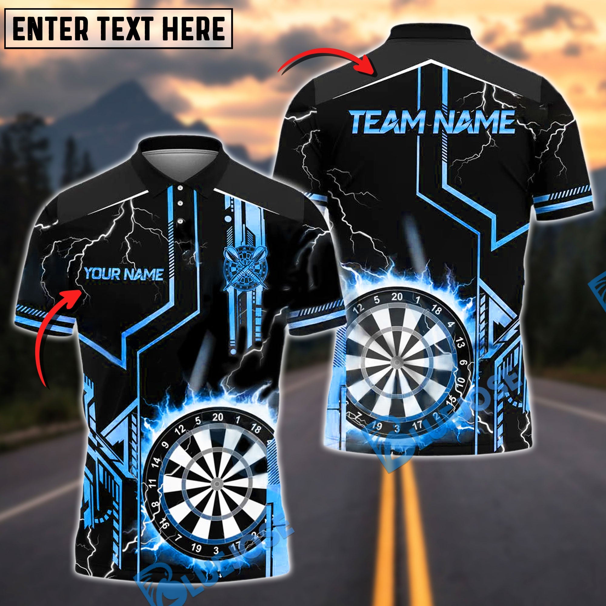 BlueJose Darts Game Lightning Target Personalized Name, Team Name Shirt (4 Colors)