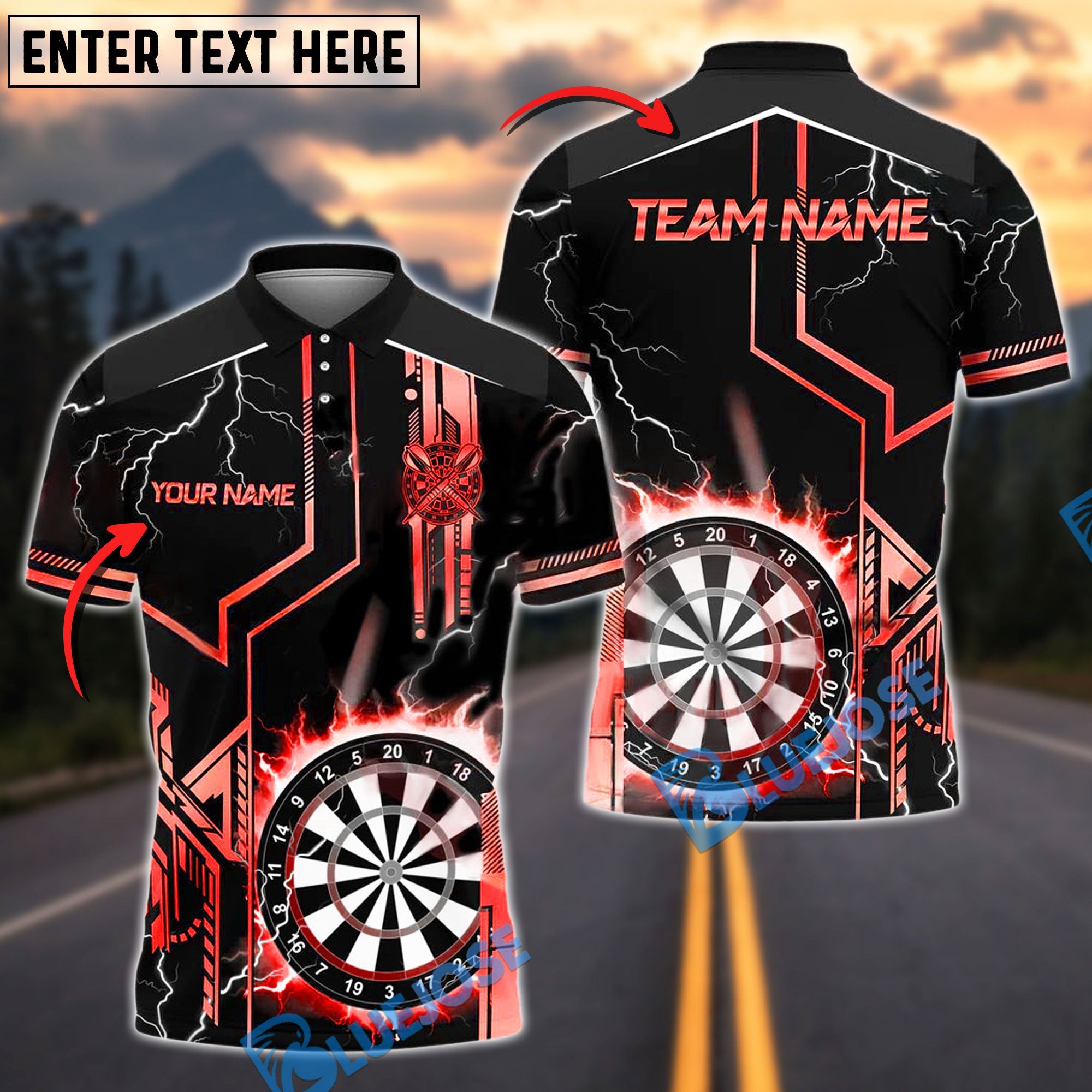 BlueJose Darts Game Lightning Target Personalized Name, Team Name Shirt (4 Colors)
