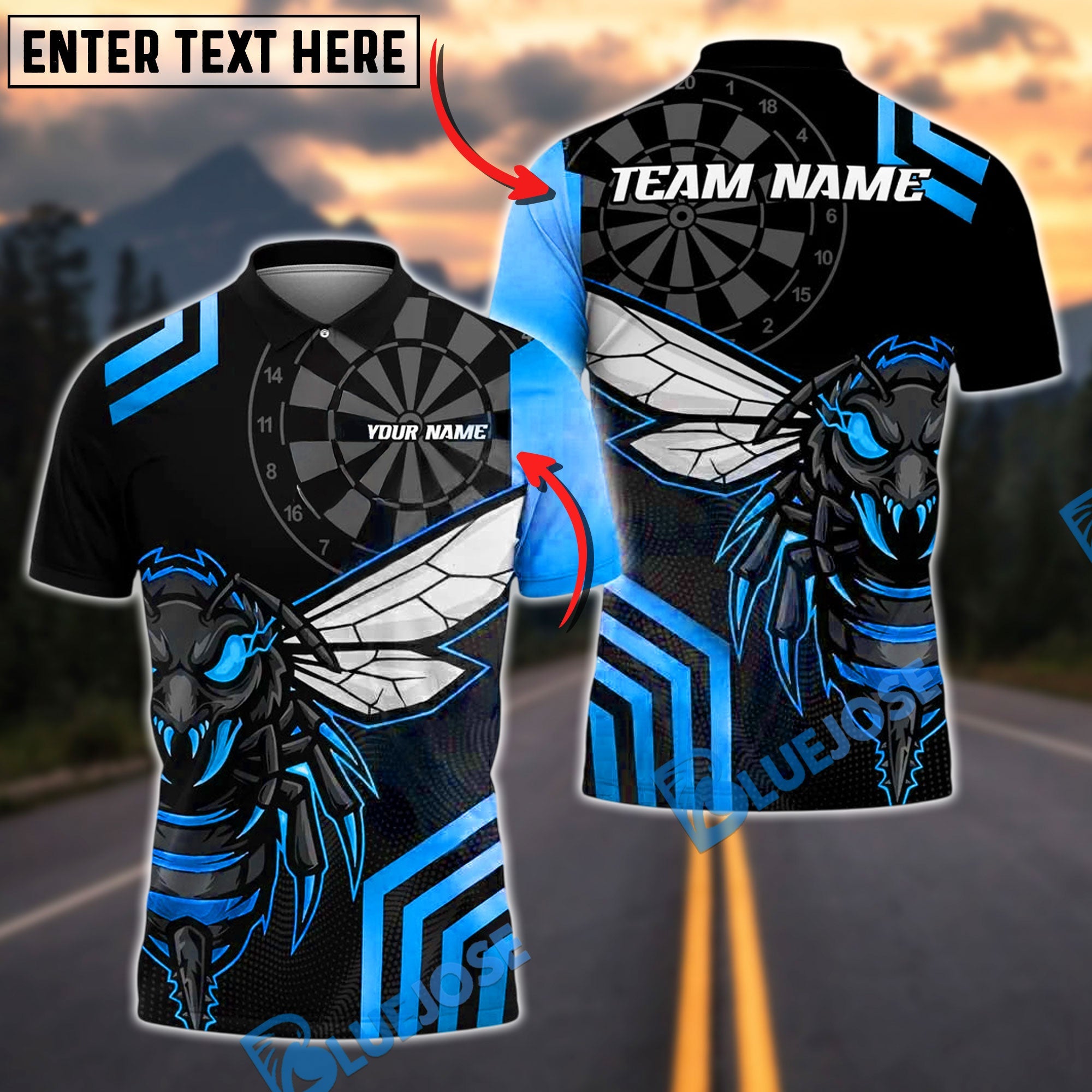 BlueJose Darts Angry Hornet Yellow Black Customized Name, Team Name 3D Shirt (4 Colors)