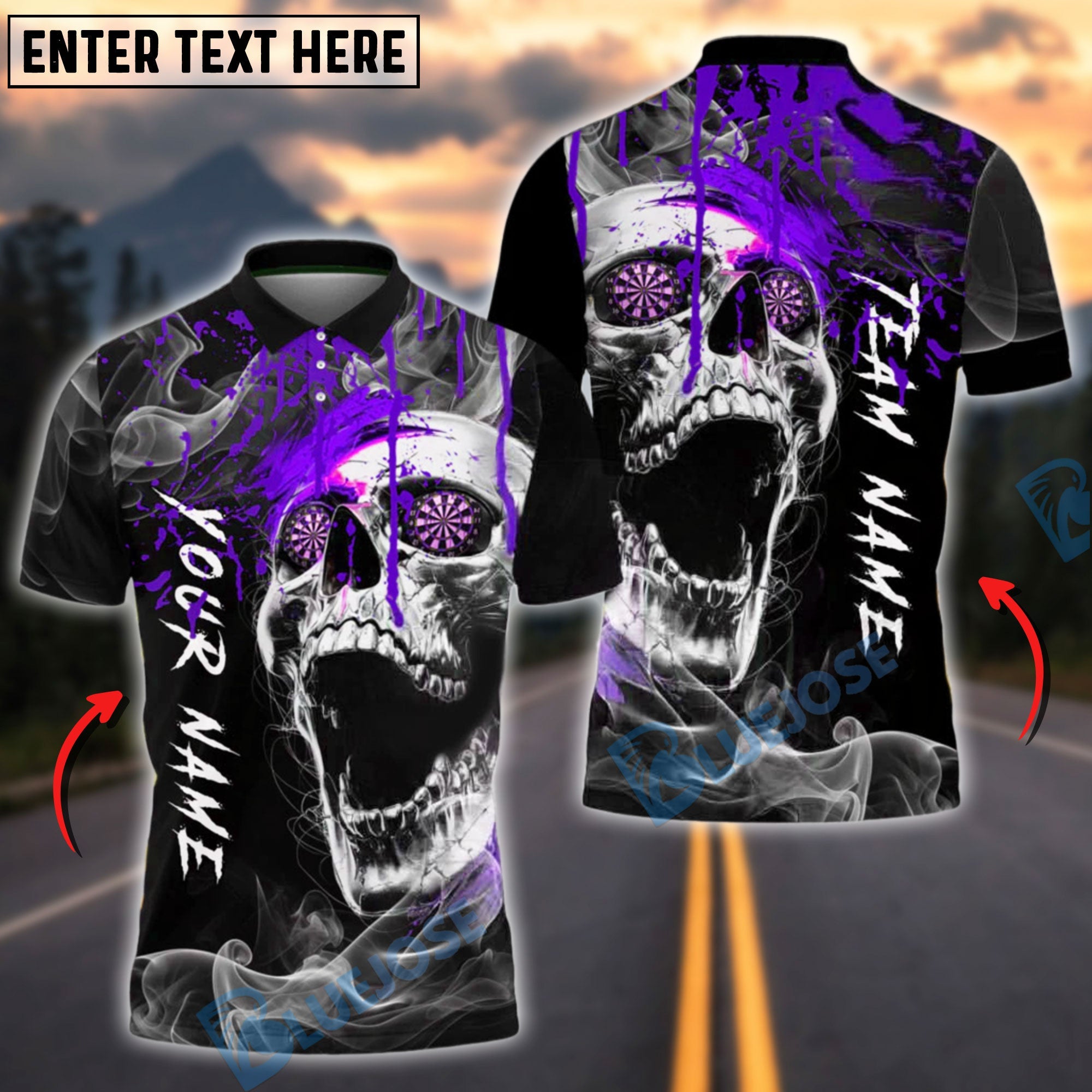 BlueJose Darts Horror Skull Smoke Fire Customized Name, Team Name 3D Shirt (4 Colors)