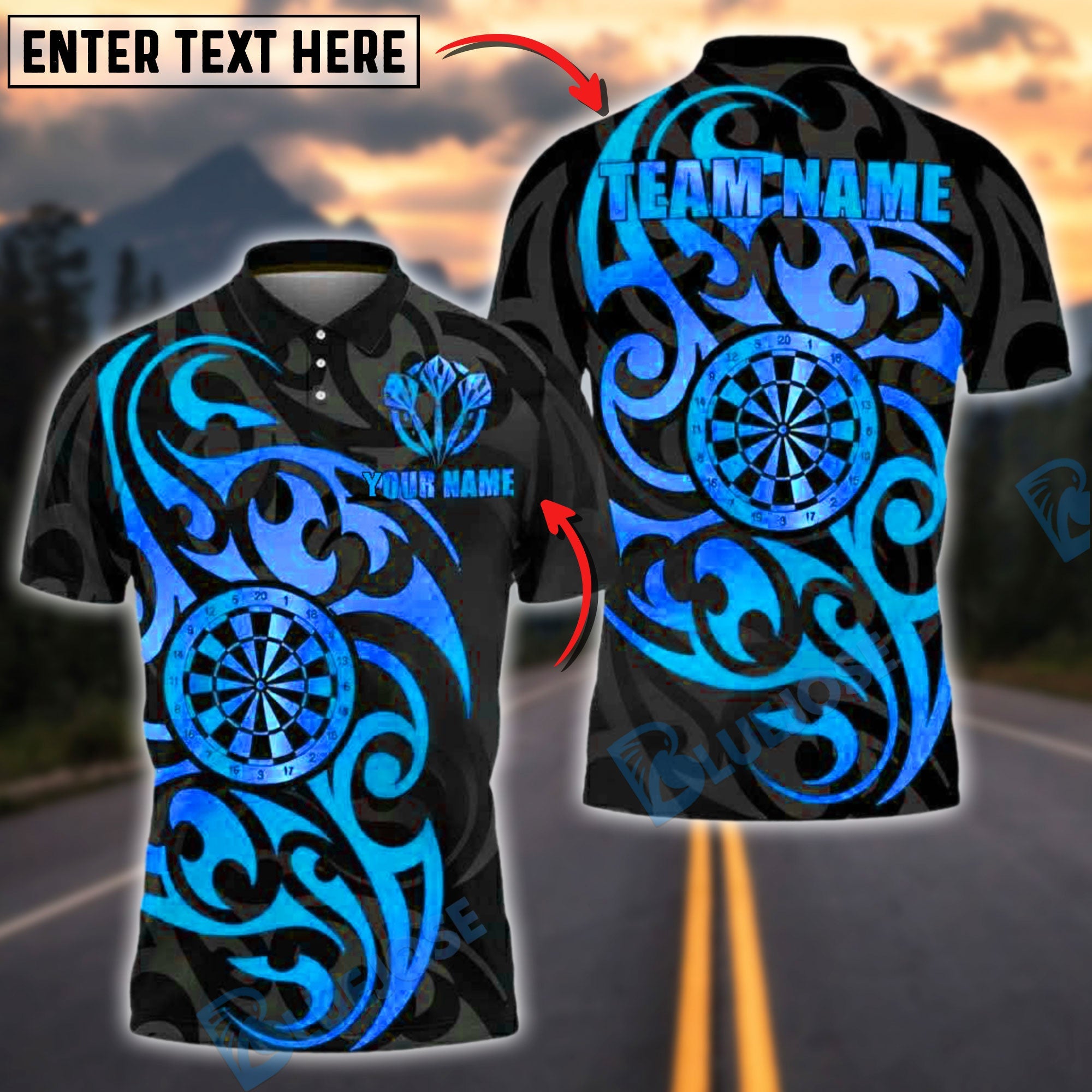 BlueJose Darts Golden Tribal Pattern Customized Name, Team Name 3D Shirt (4 Colors)
