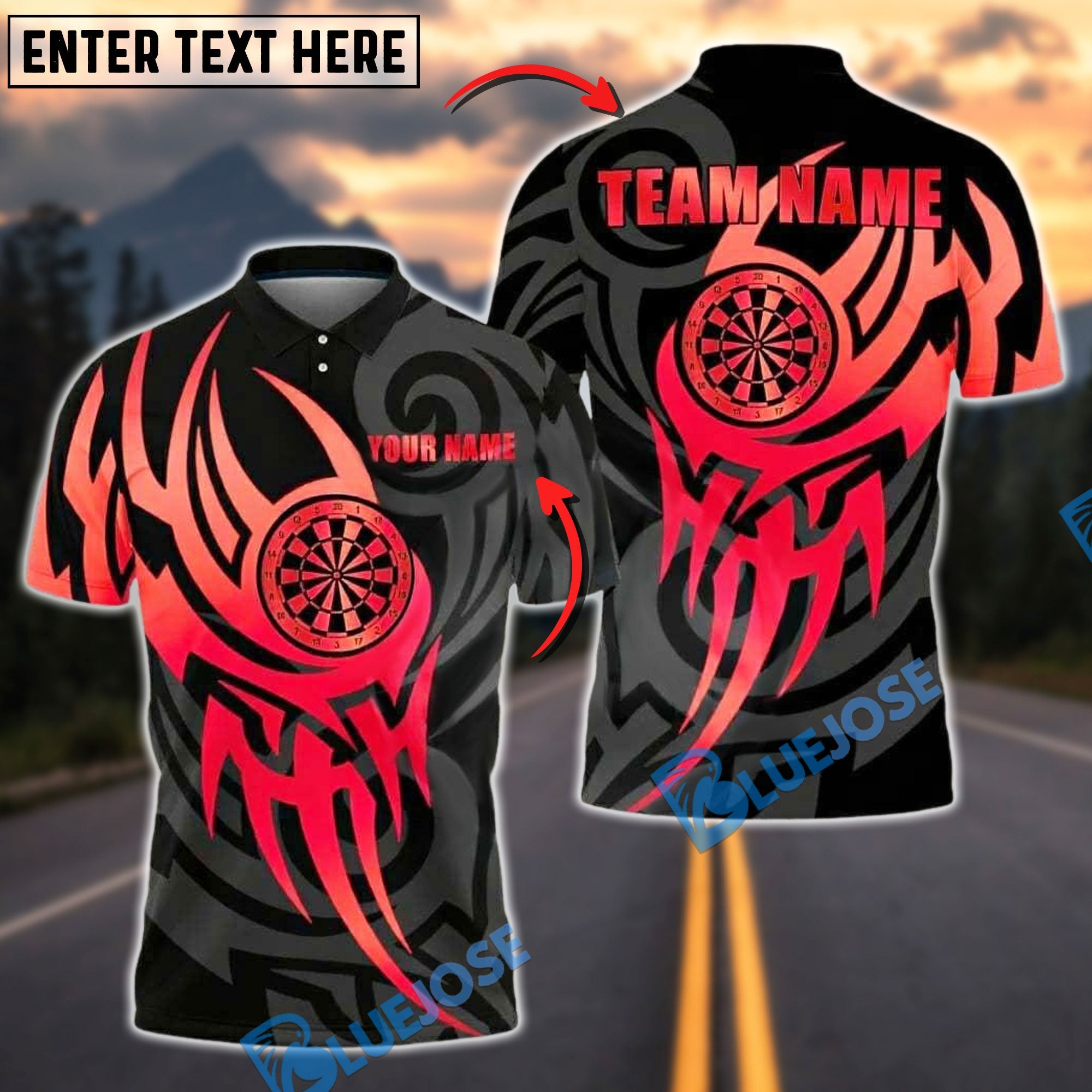 BlueJose Darts Golden Tribal Flame Customized Name, Team Name 3D Shirt (4 Colors)