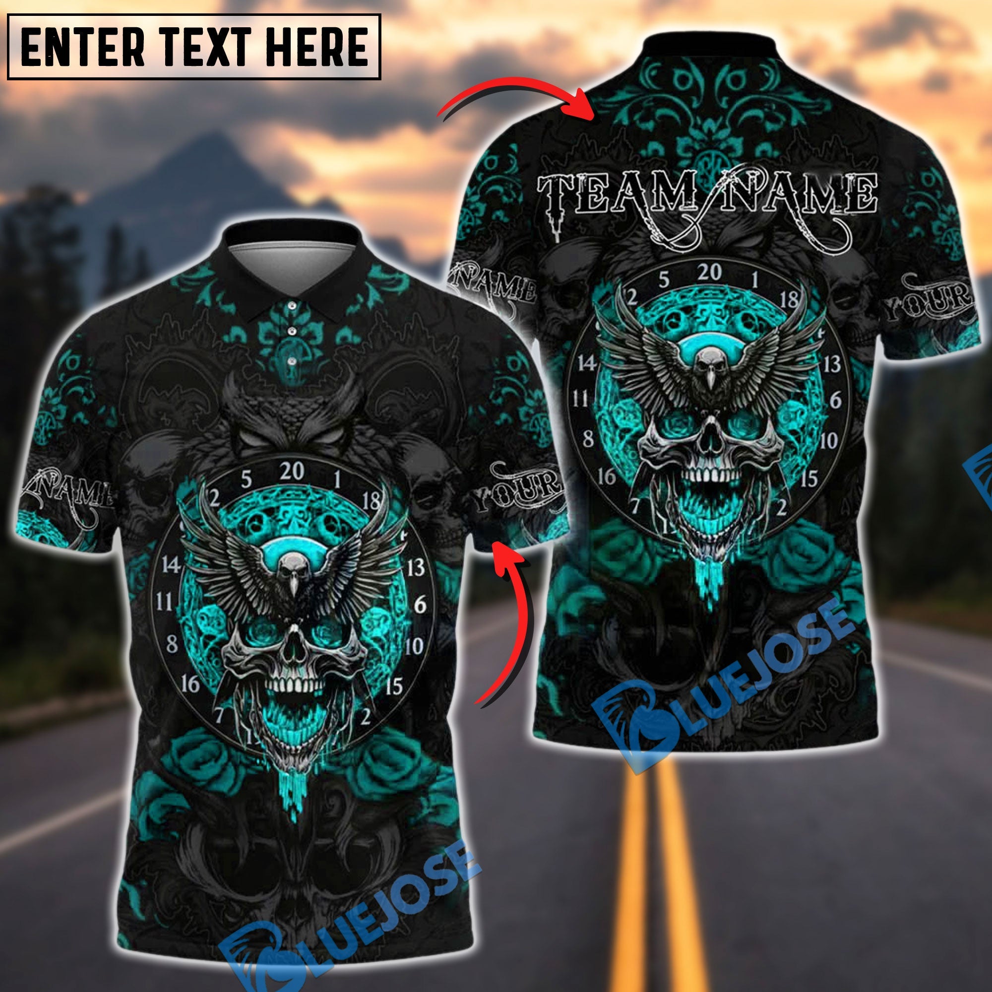 BlueJose Darts Raven Winged Skull Roses Customized Name, Team Name 3D Shirt (4 Colors)