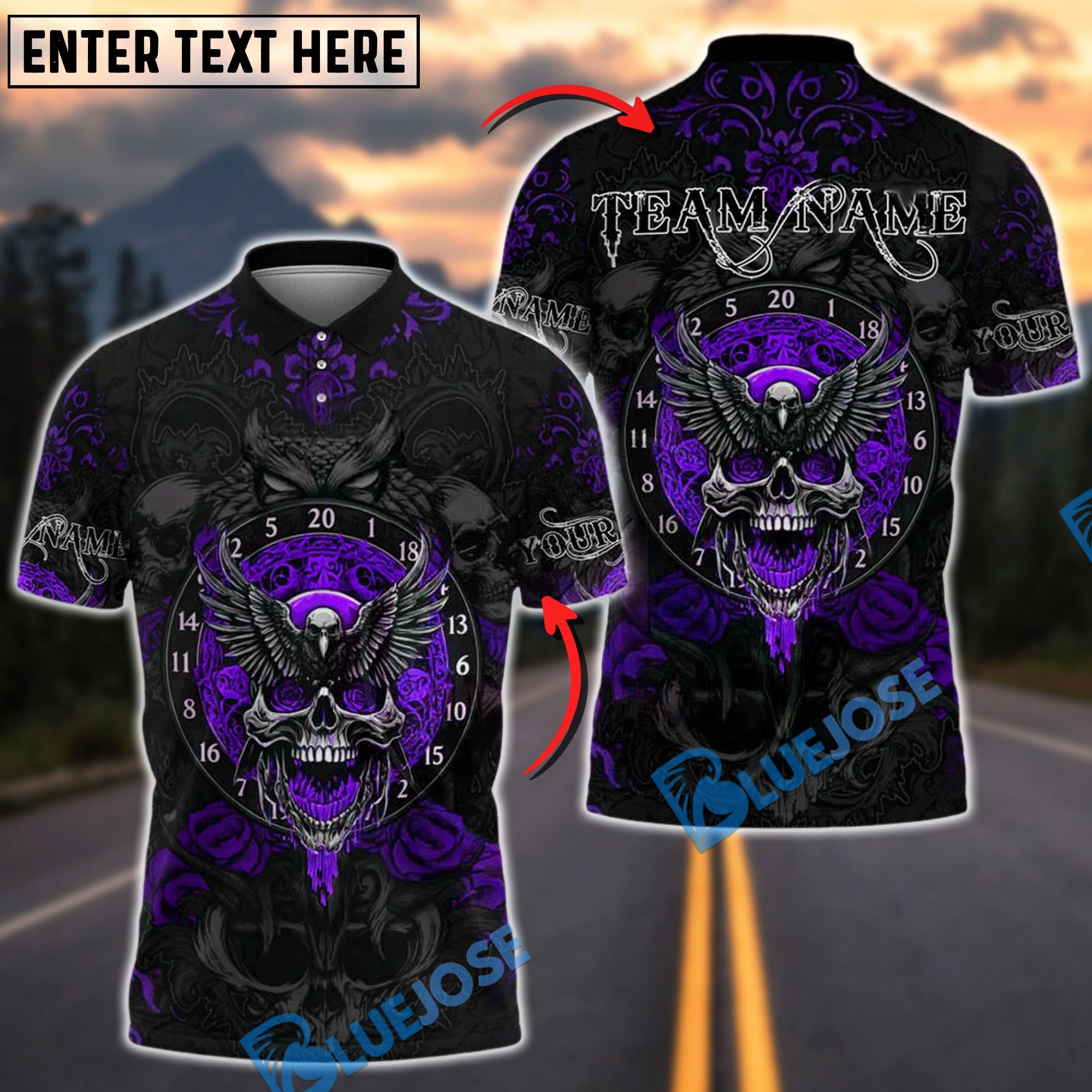 BlueJose Darts Raven Winged Skull Roses Customized Name, Team Name 3D Shirt (4 Colors)