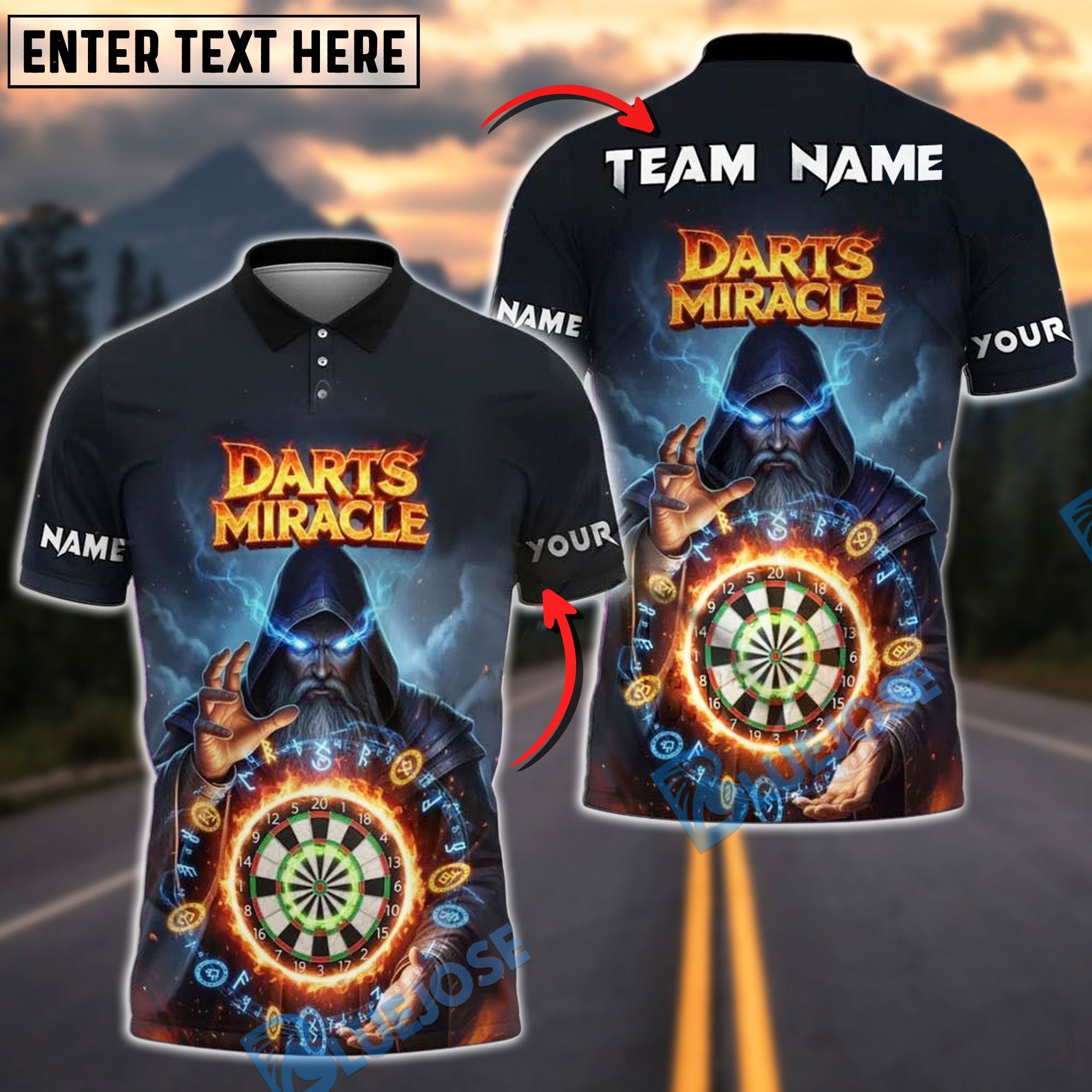 BlueJose Darts Wizard Miracle Dartboard Lightning Personalized Name Shirt