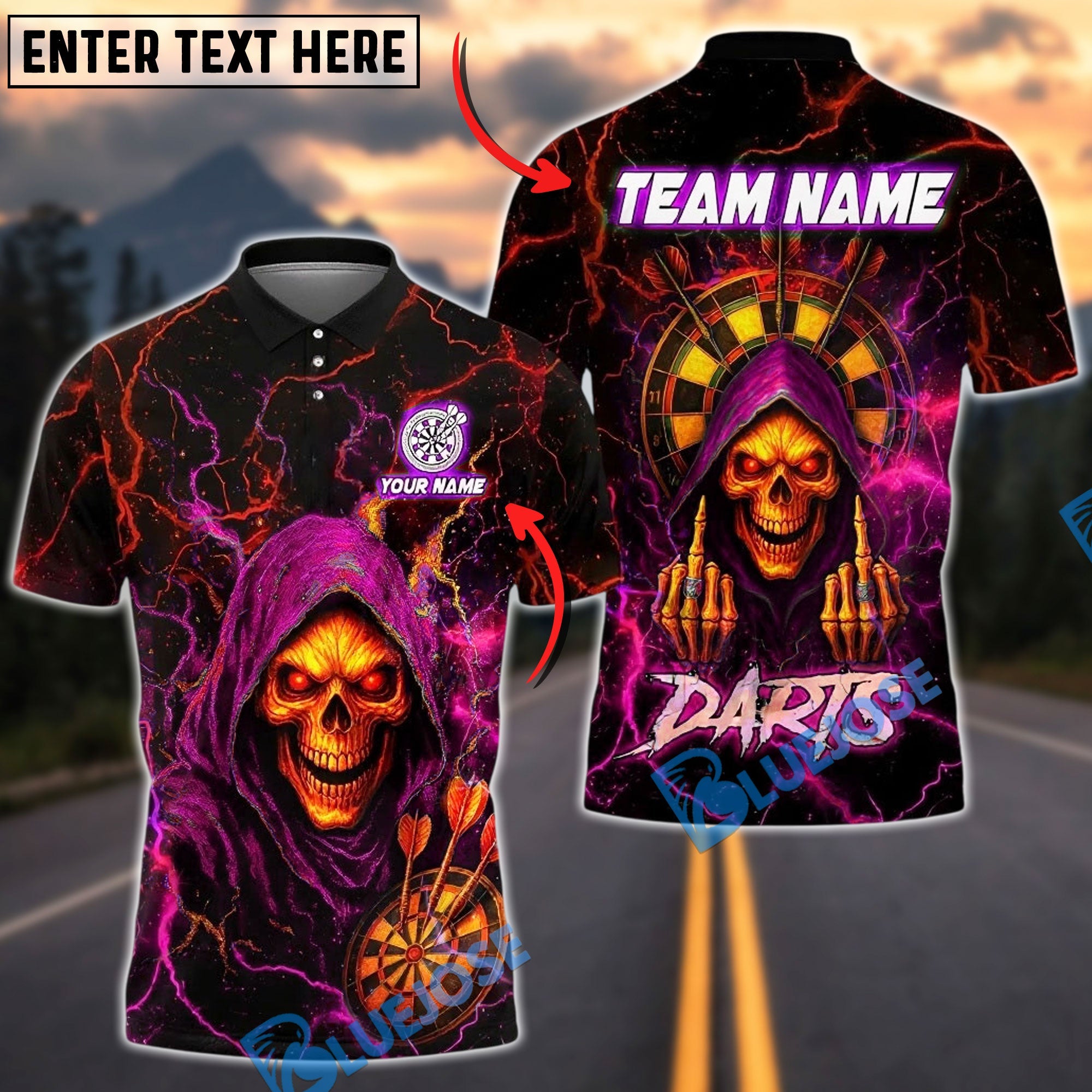 BlueJose Darts Grim Reaper Neon Lightning Customized Name, Team Name 3D Shirt (4 Colors)