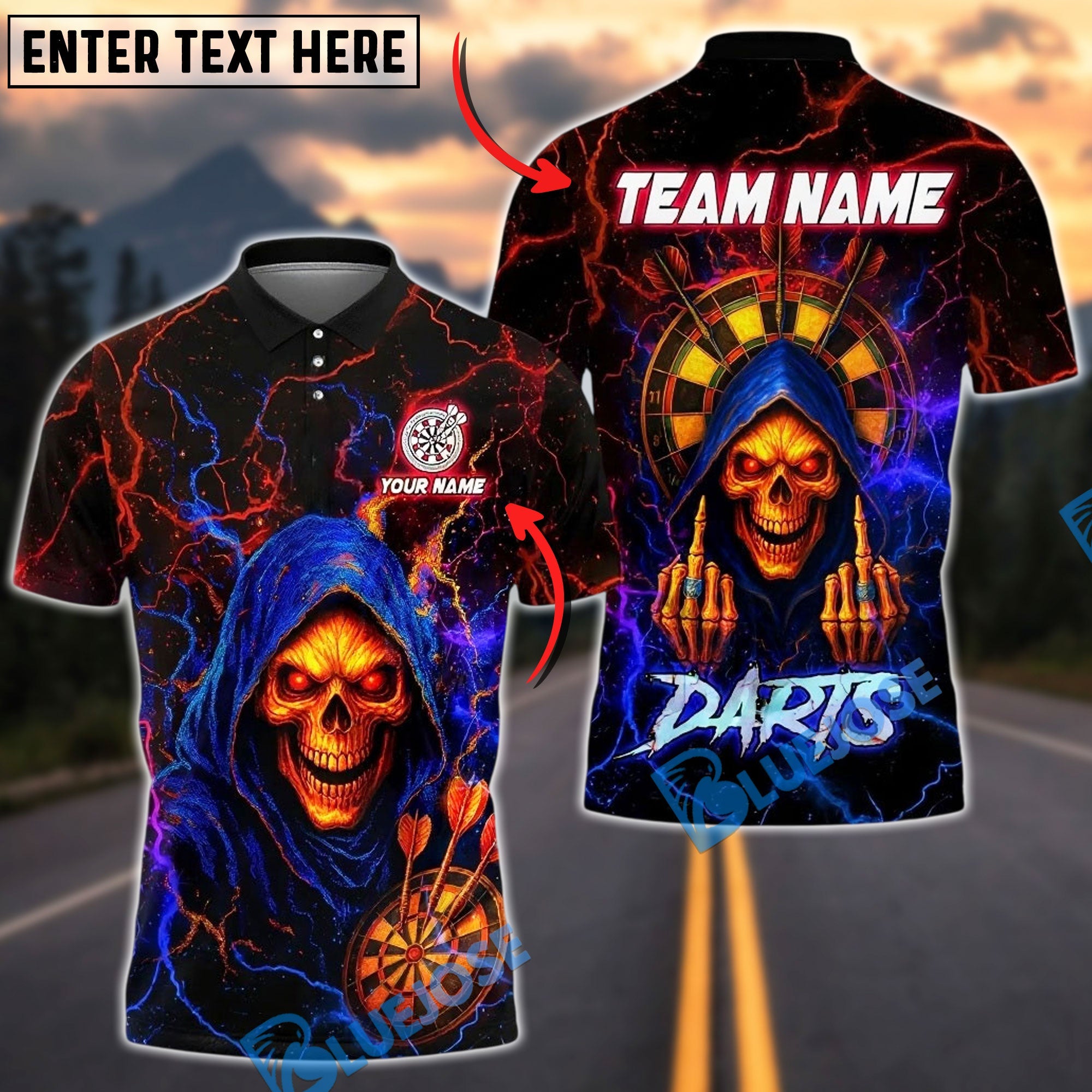 BlueJose Darts Grim Reaper Neon Lightning Customized Name, Team Name 3D Shirt (4 Colors)