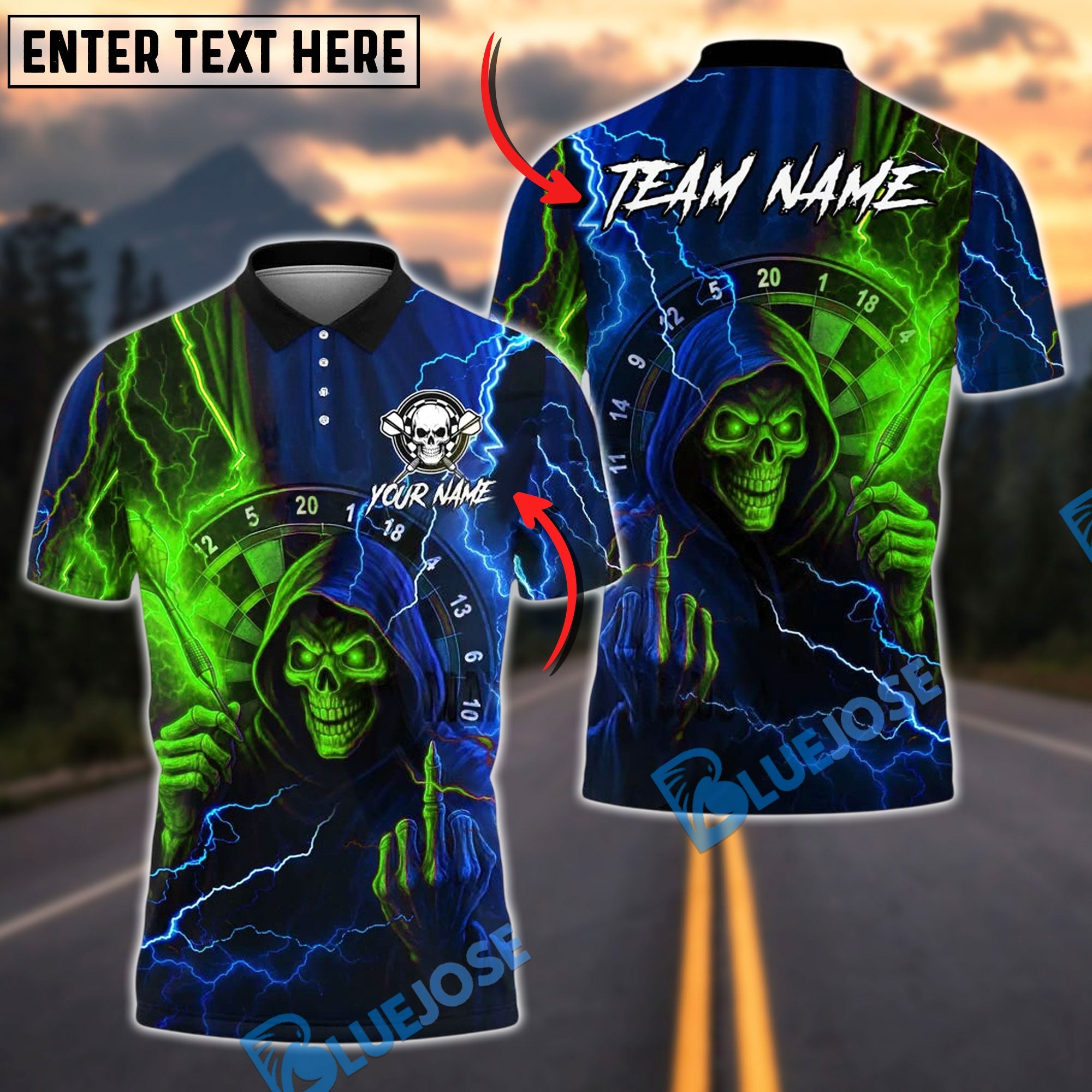 BlueJose Darts Reaper Purple Lightning Skull Customized Name, Team Name 3D Shirt (4 Colors)
