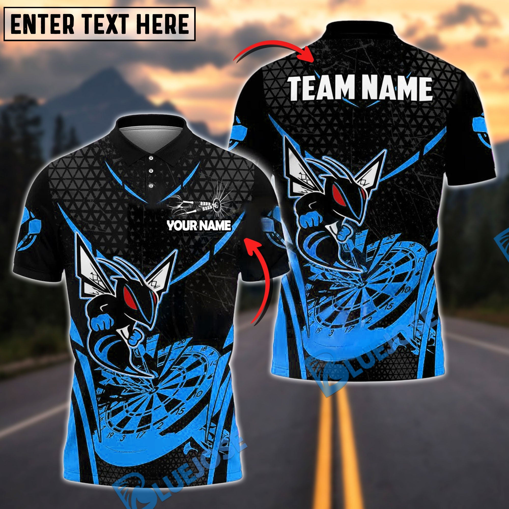 BlueJose Darts Yellow Hornet Graphic Personalized Name, Team Name Shirt (4 Colors)