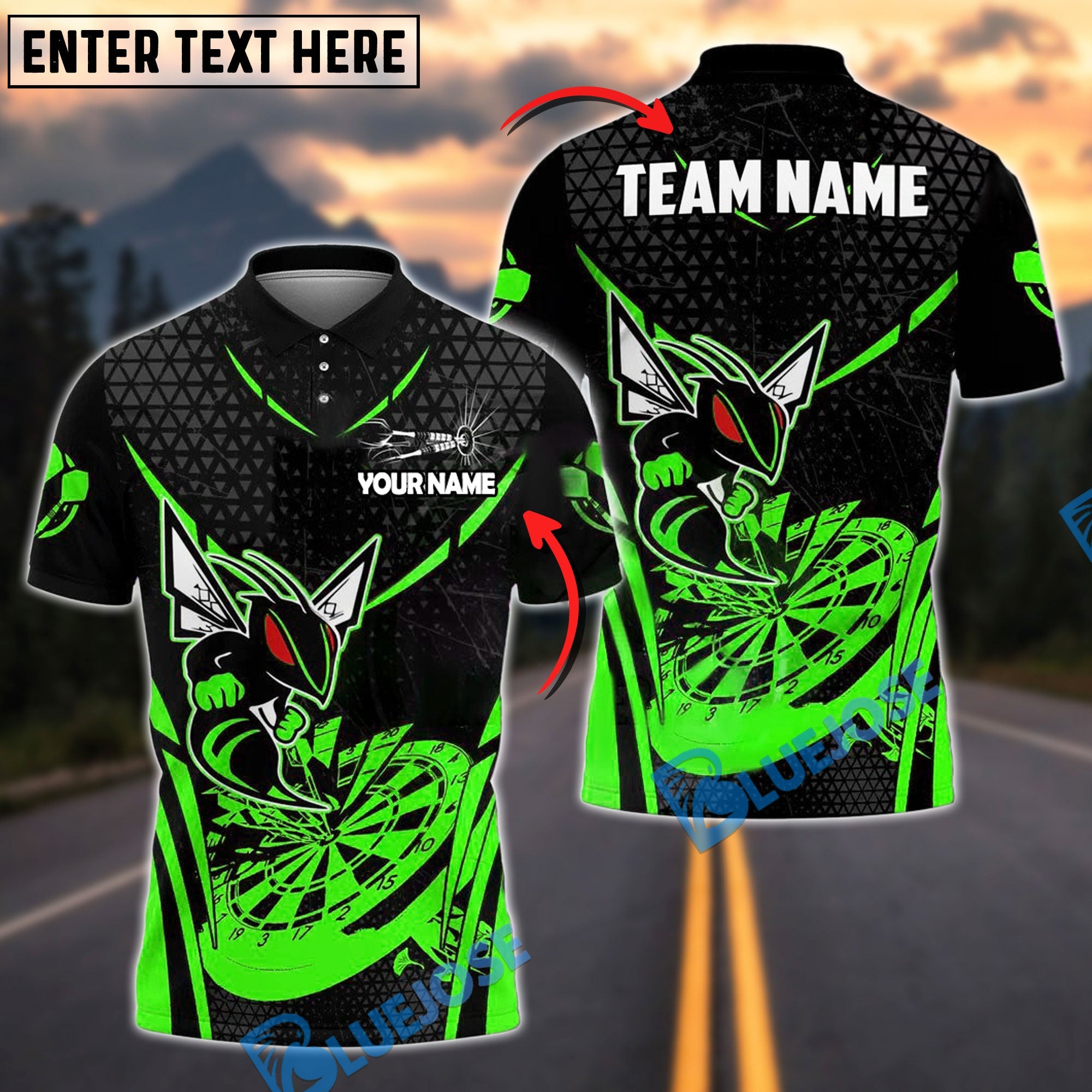 BlueJose Darts Yellow Hornet Graphic Personalized Name, Team Name Shirt (4 Colors)
