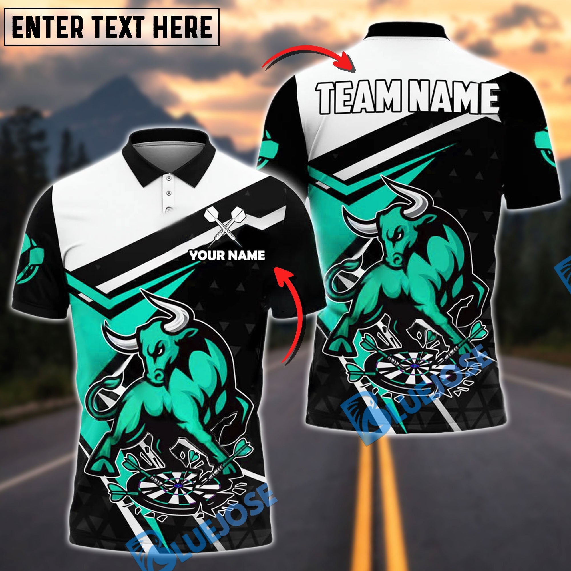 BlueJose Darts Aggressive Bull with Dartboard Personalized Name, Team Name Shirt (4 Colors)