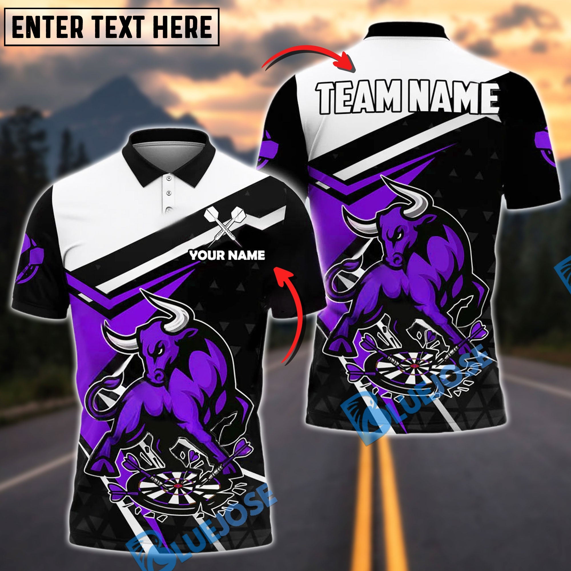 BlueJose Darts Aggressive Bull with Dartboard Personalized Name, Team Name Shirt (4 Colors)