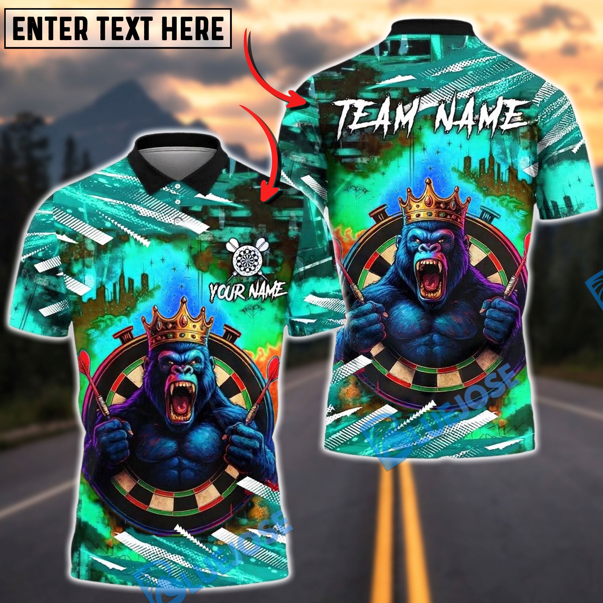 BlueJose Darts King Gorilla Graffiti Style Customized Name, Team Name 3D Shirt (4 Colors)