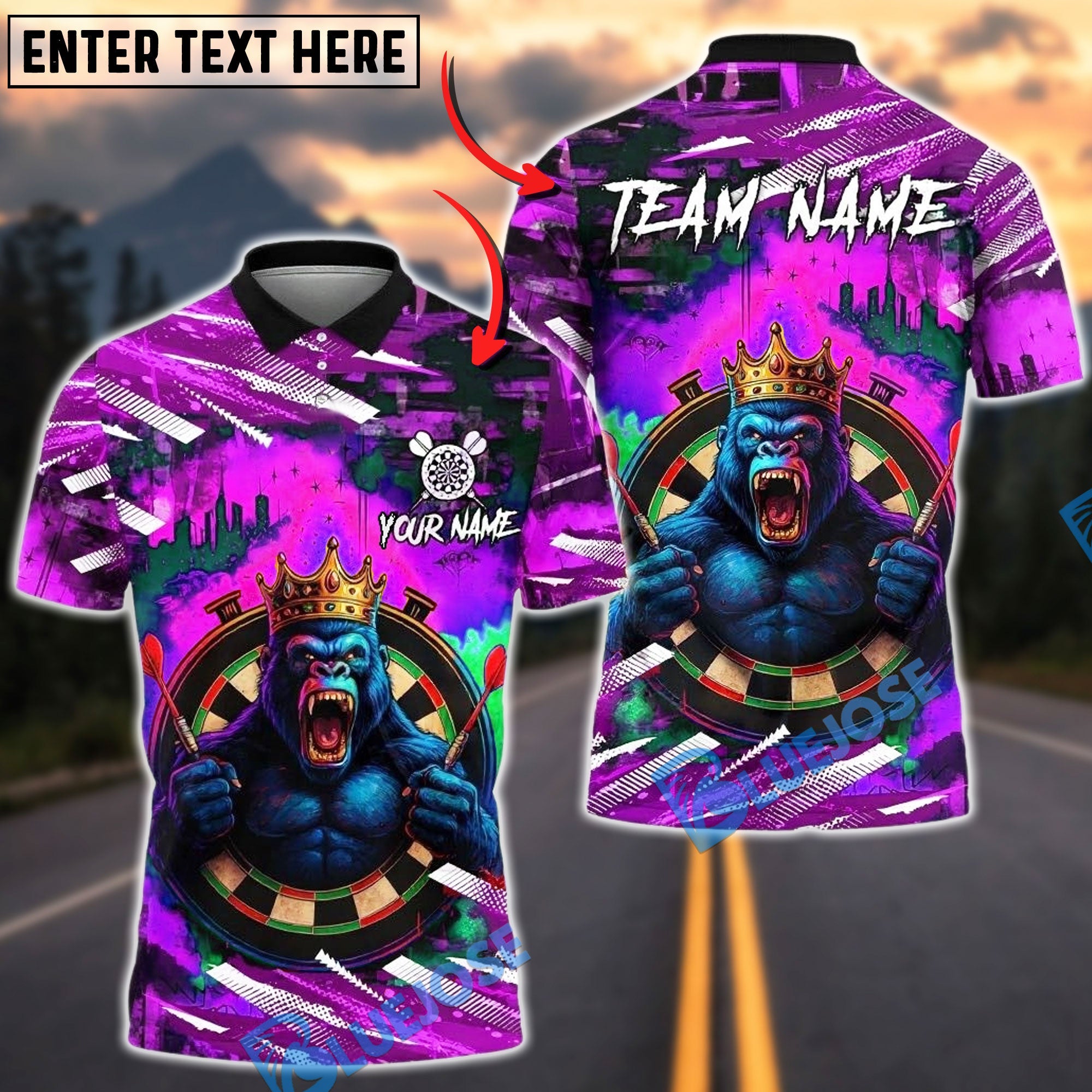 BlueJose Darts King Gorilla Graffiti Style Customized Name, Team Name 3D Shirt (4 Colors)