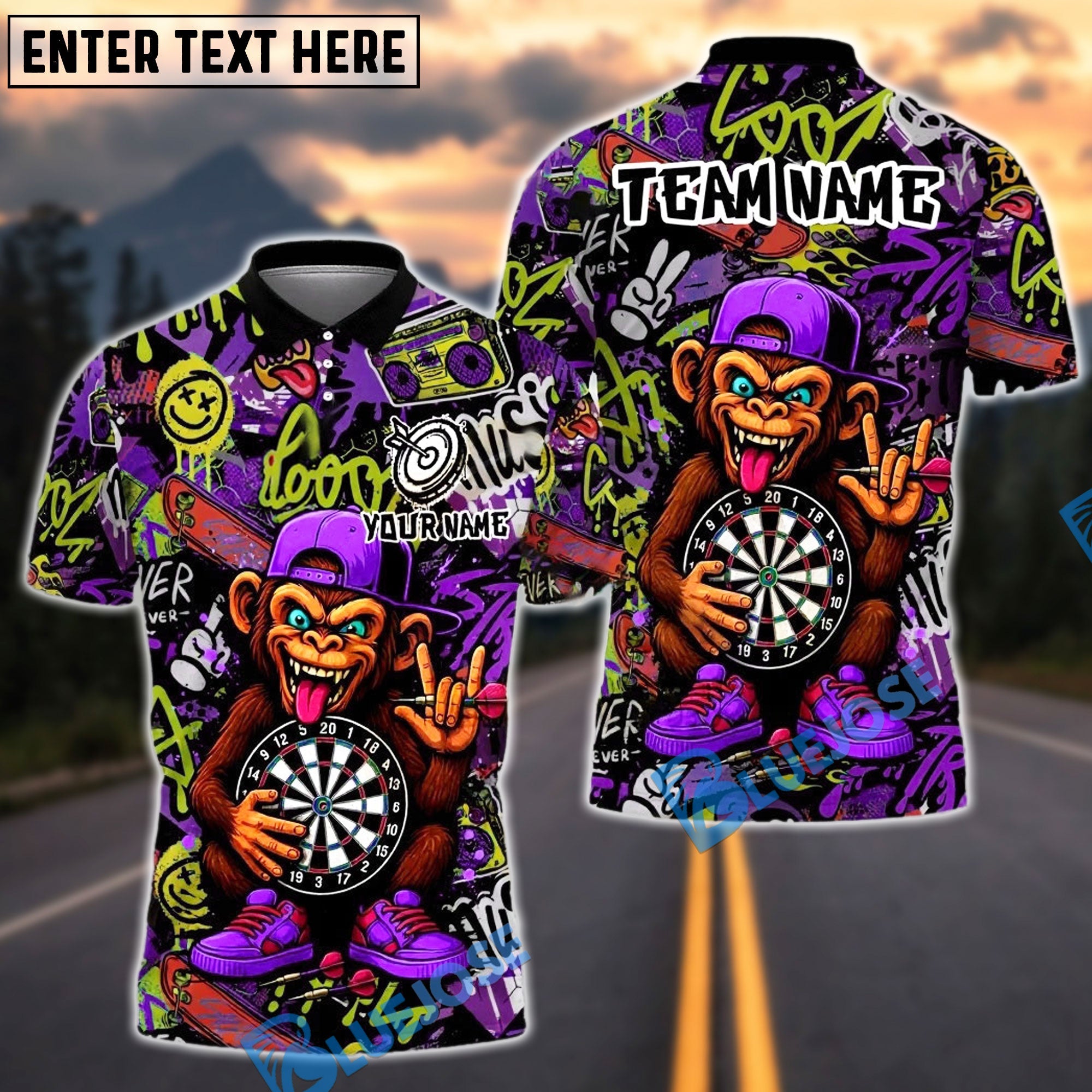 BlueJose Darts Funky Monkey Graffiti Customized Name, Team Name 3D Shirt (4 Colors)