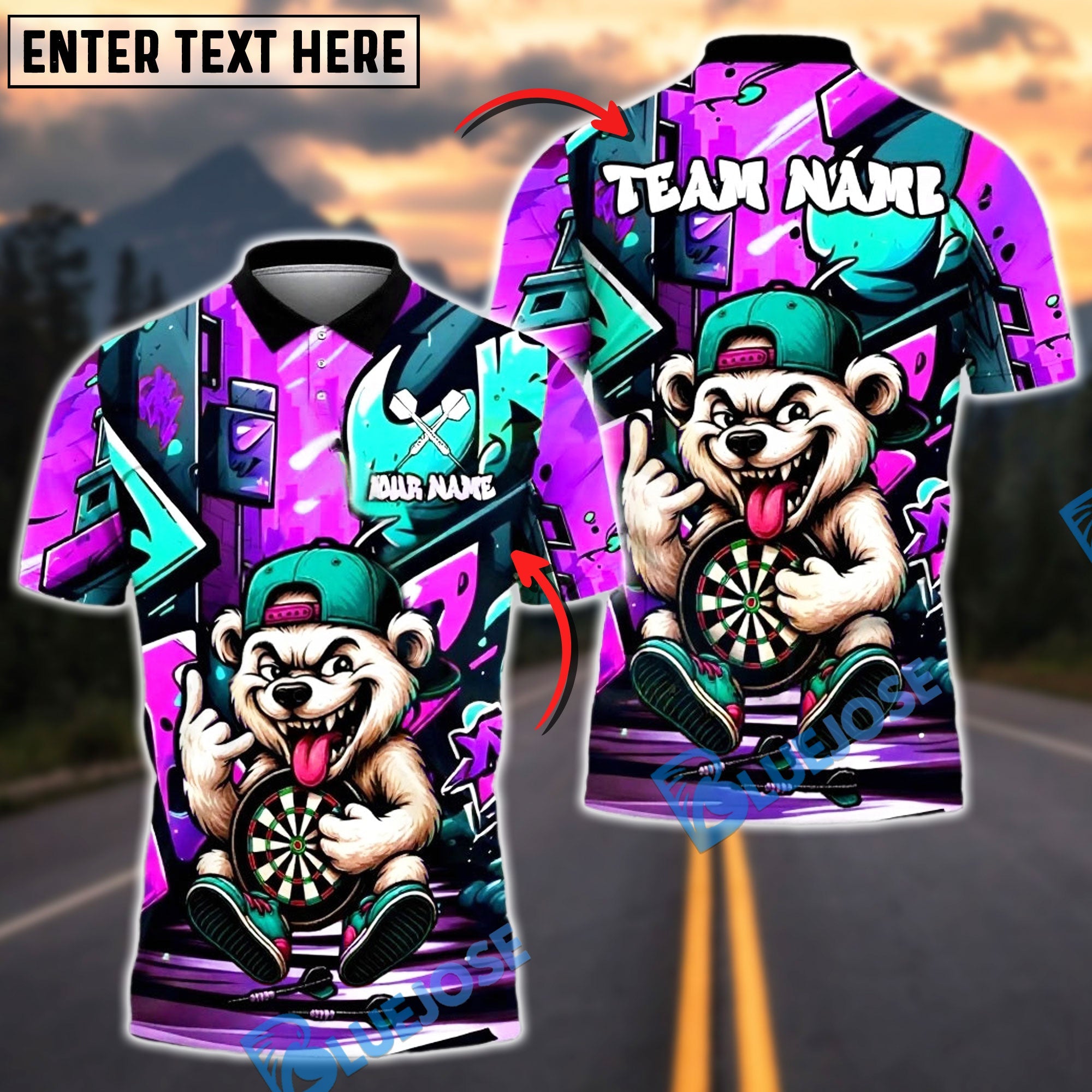 BlueJose Darts Dartboard Bear Street Style Customized Name, Team Name 3D Shirt (4 Colors)