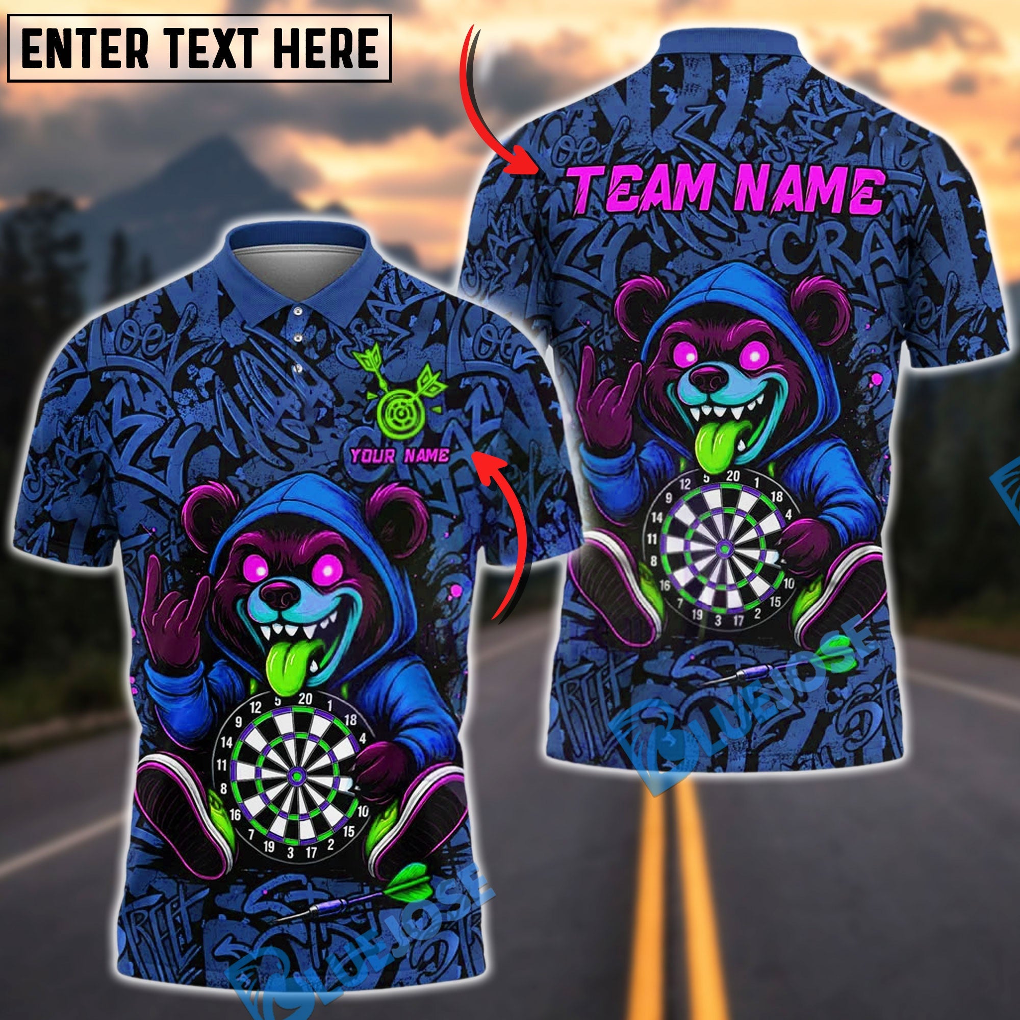 BlueJose Darts Urban Crazy Bear Customized Name, Team Name 3D Shirt (4 Colors)