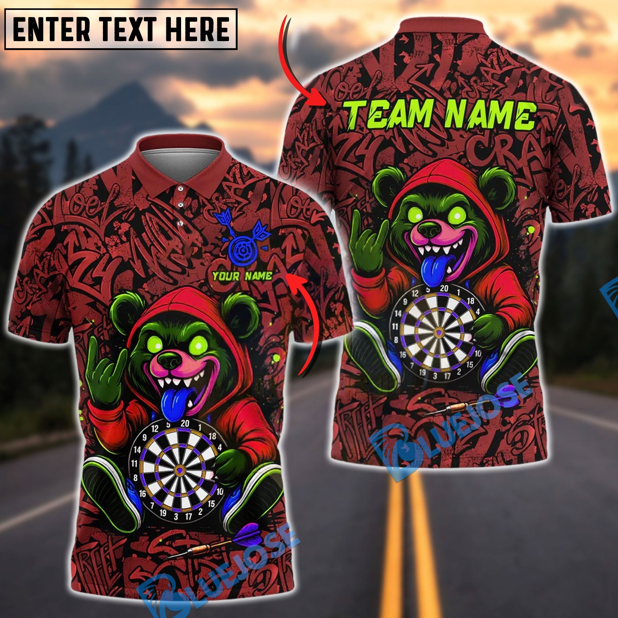 BlueJose Darts Urban Crazy Bear Customized Name, Team Name 3D Shirt (4 Colors)