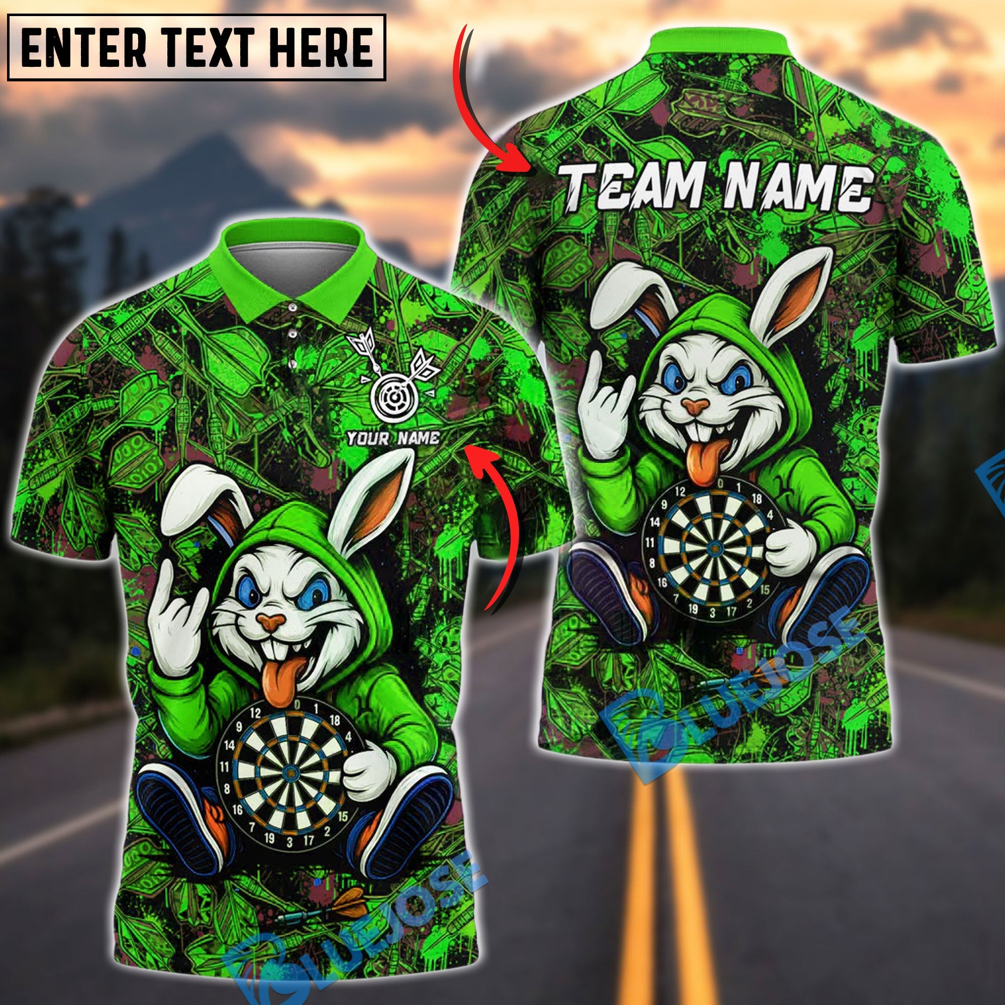BlueJose Darts Urban Crazy Bunny Customized Name, Team Name 3D Shirt (4 Colors)