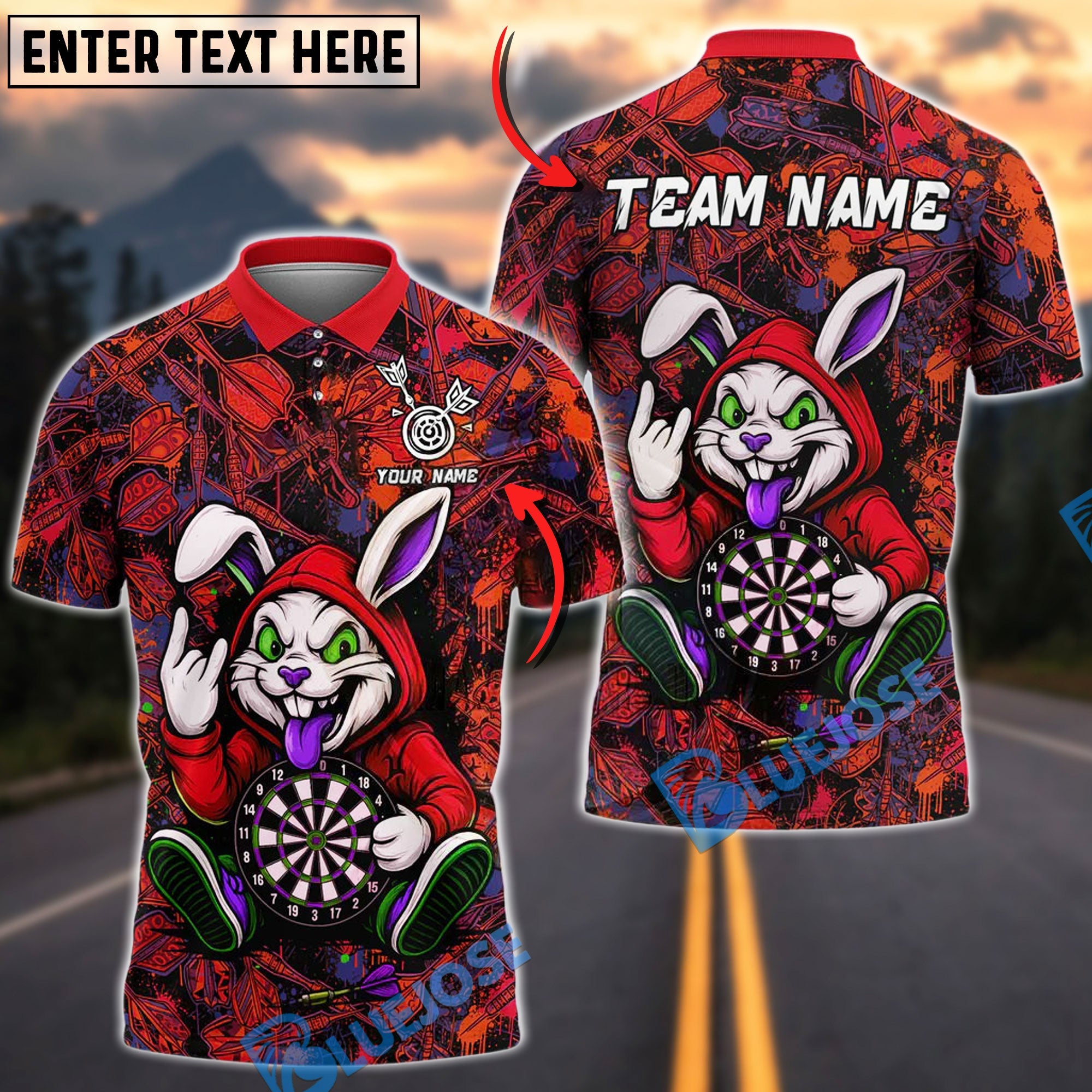 BlueJose Darts Urban Crazy Bunny Customized Name, Team Name 3D Shirt (4 Colors)