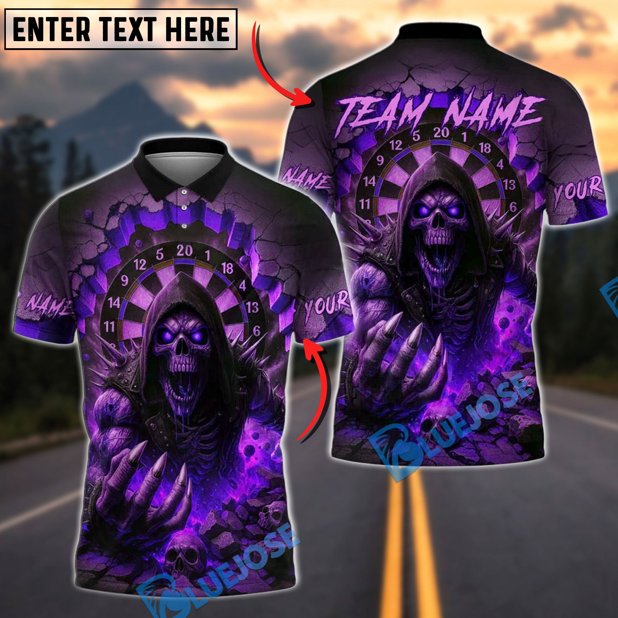 BlueJose Darts Grim Reaper Skull Fire Customized Name, Team Name 3D Shirt (4 Colors)