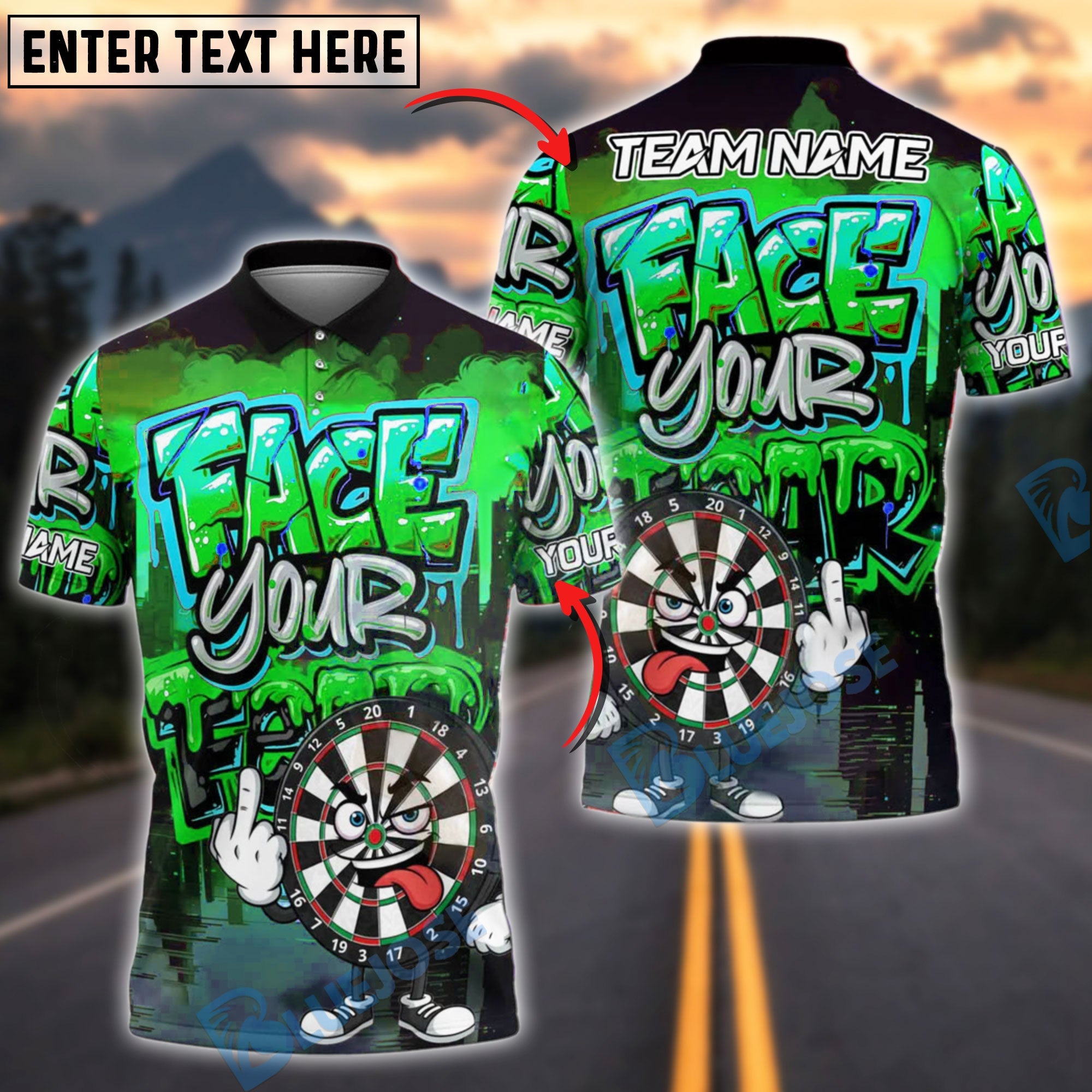BlueJose Darts Graffiti Street Art Face Your Fear Style Customized Name, Team Name 3D Shirt (4 Colors)