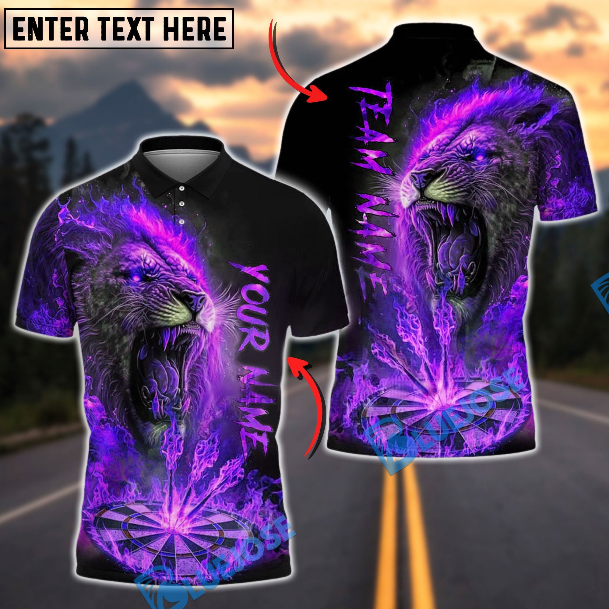 BlueJose Darts Fiery Lion Flame Customized Name, Team Name 3D Shirt (4 Colors)