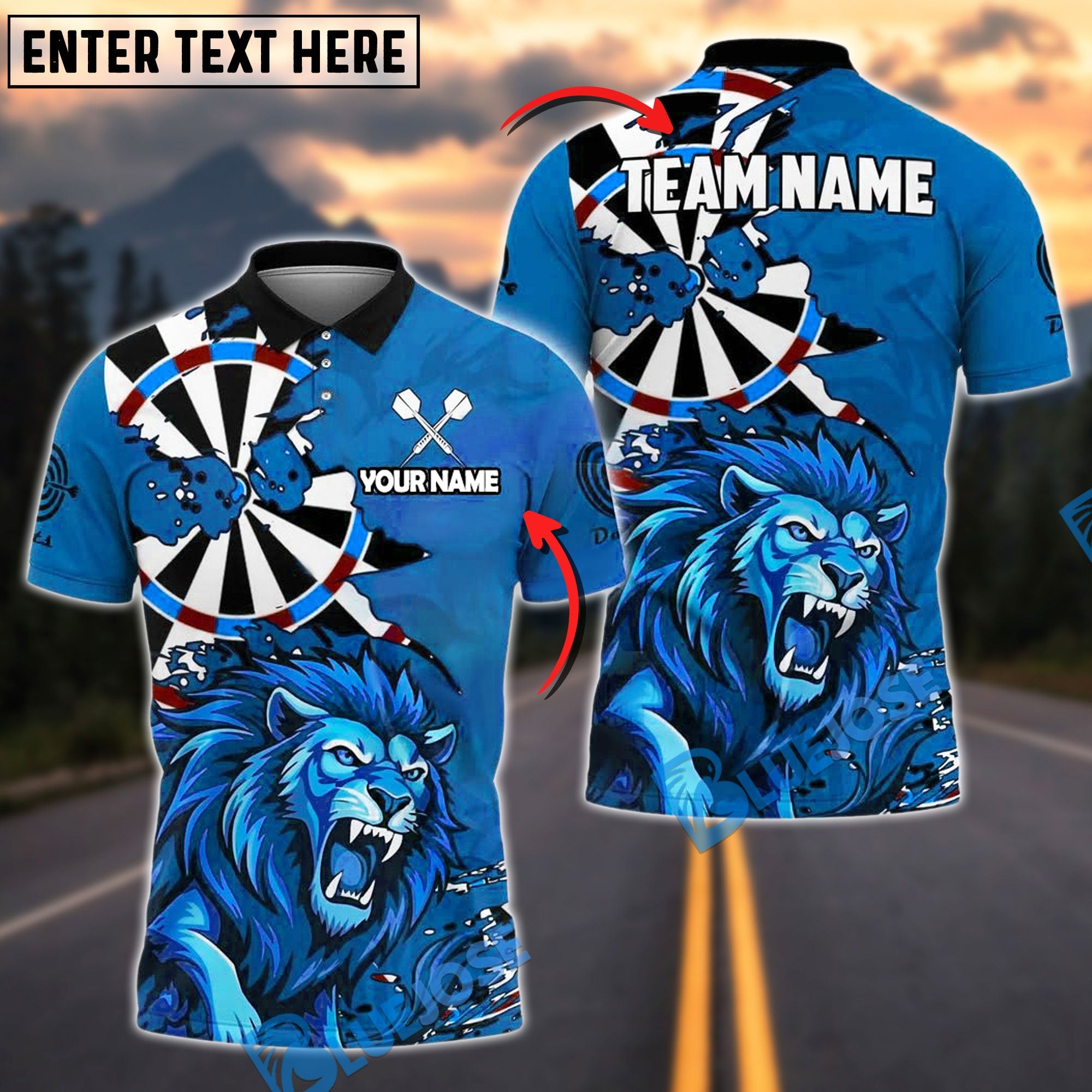 BlueJose Darts Lion Roaring Beast Style Personalized Name, Team Name Shirt (4 Colors)