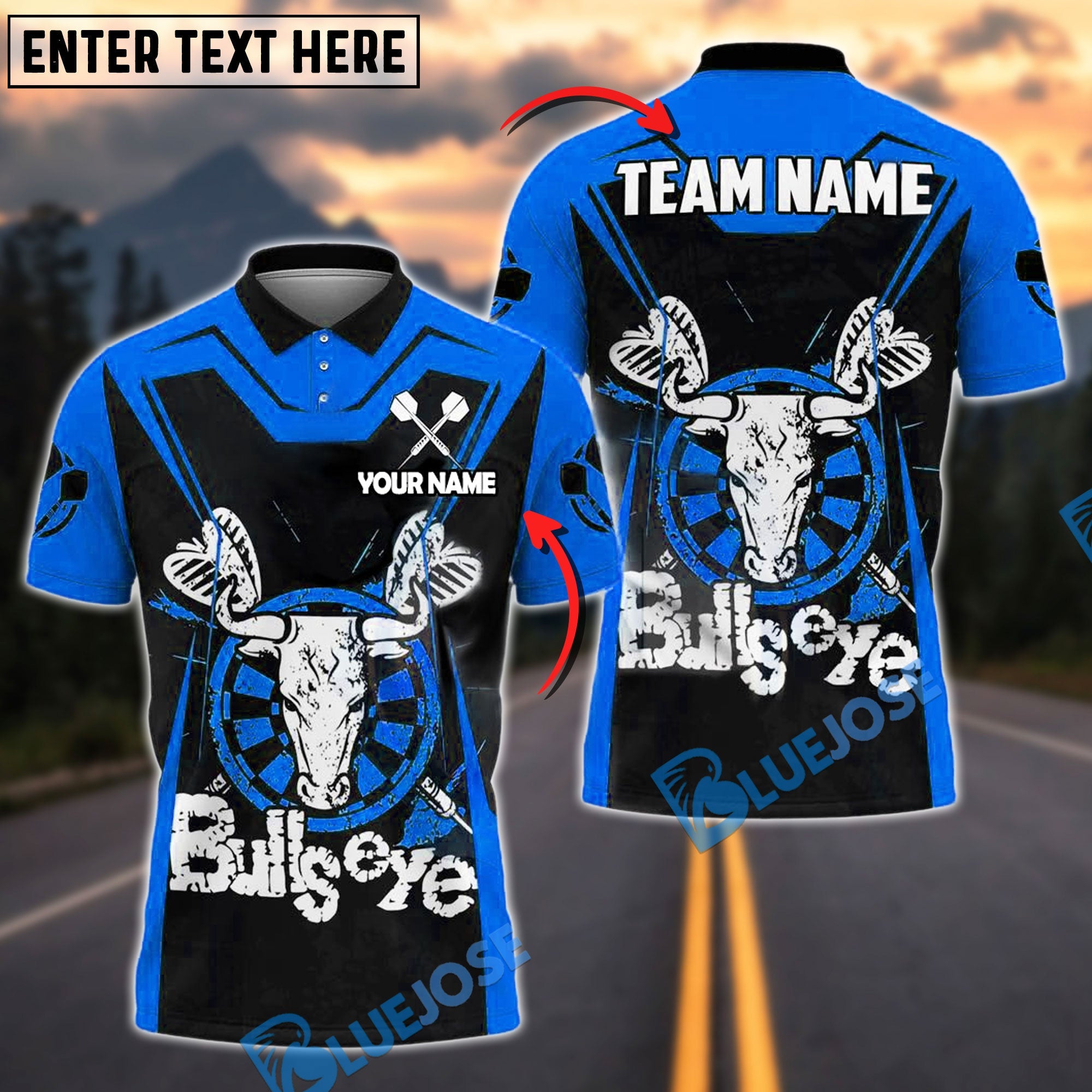 BlueJose Darts Bullseye Design Personalized Name, Team Name Shirt (4 Colors)