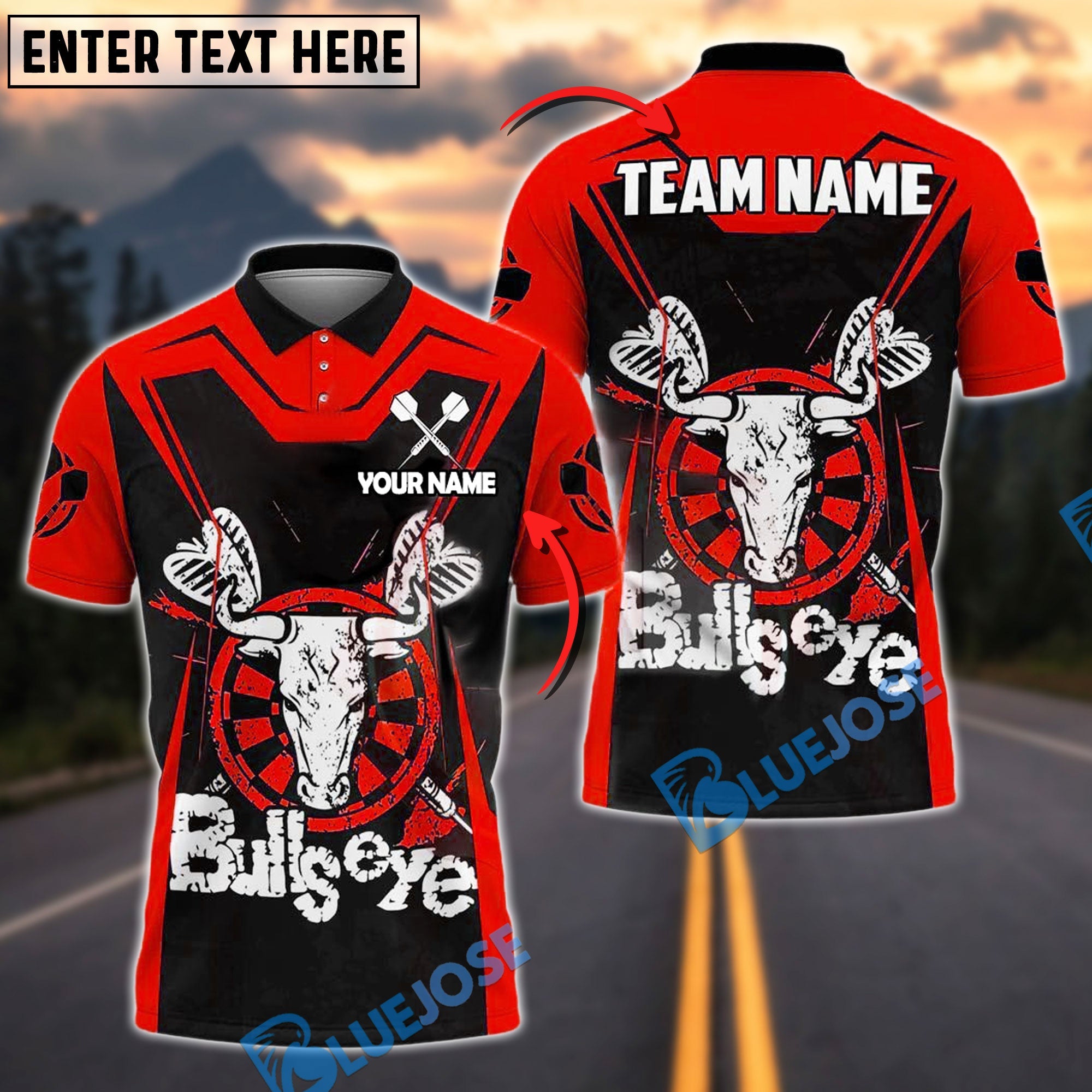 BlueJose Darts Bullseye Design Personalized Name, Team Name Shirt (4 Colors)