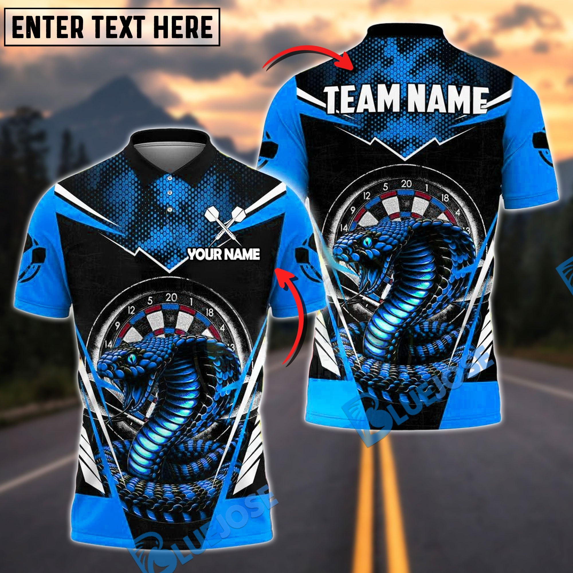 BlueJose Darts Cobra Aggressive Snake Theme Personalized Name, Team Name Shirt (4 Colors)