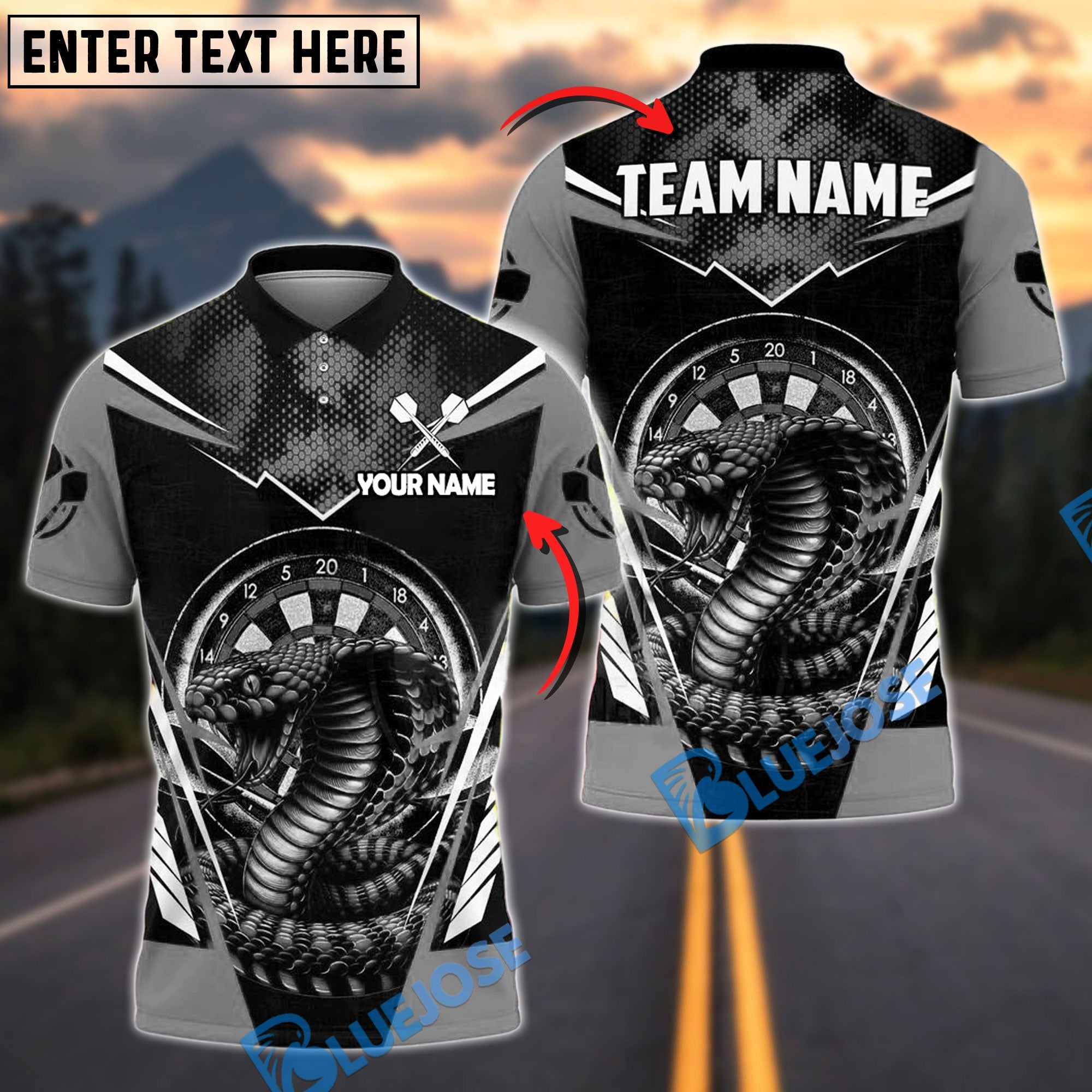 BlueJose Darts Cobra Aggressive Snake Theme Personalized Name, Team Name Shirt (4 Colors)