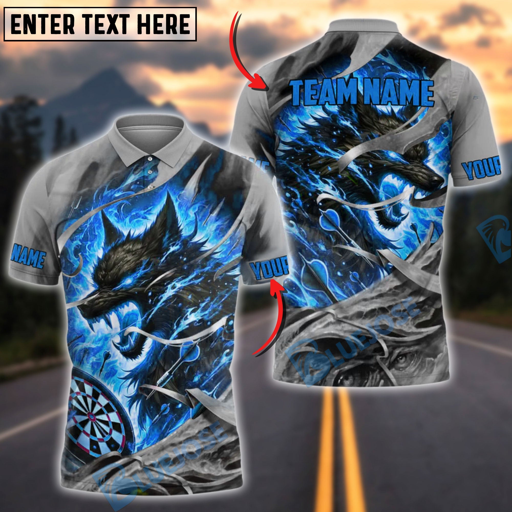 BlueJose Darts Fire Wolf Rage Customized Name, Team Name 3D Shirt (4 Colors)