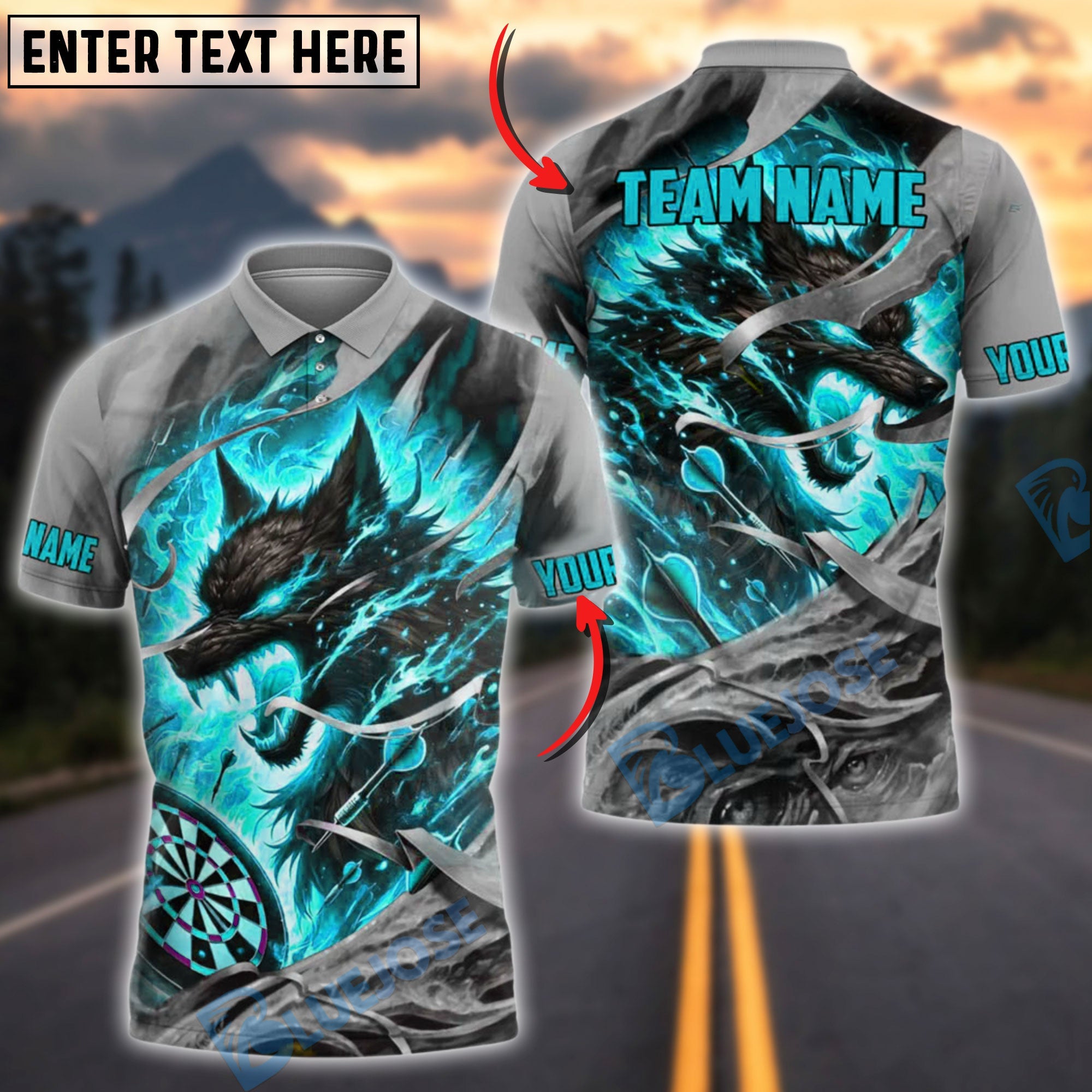 BlueJose Darts Fire Wolf Rage Customized Name, Team Name 3D Shirt (4 Colors)