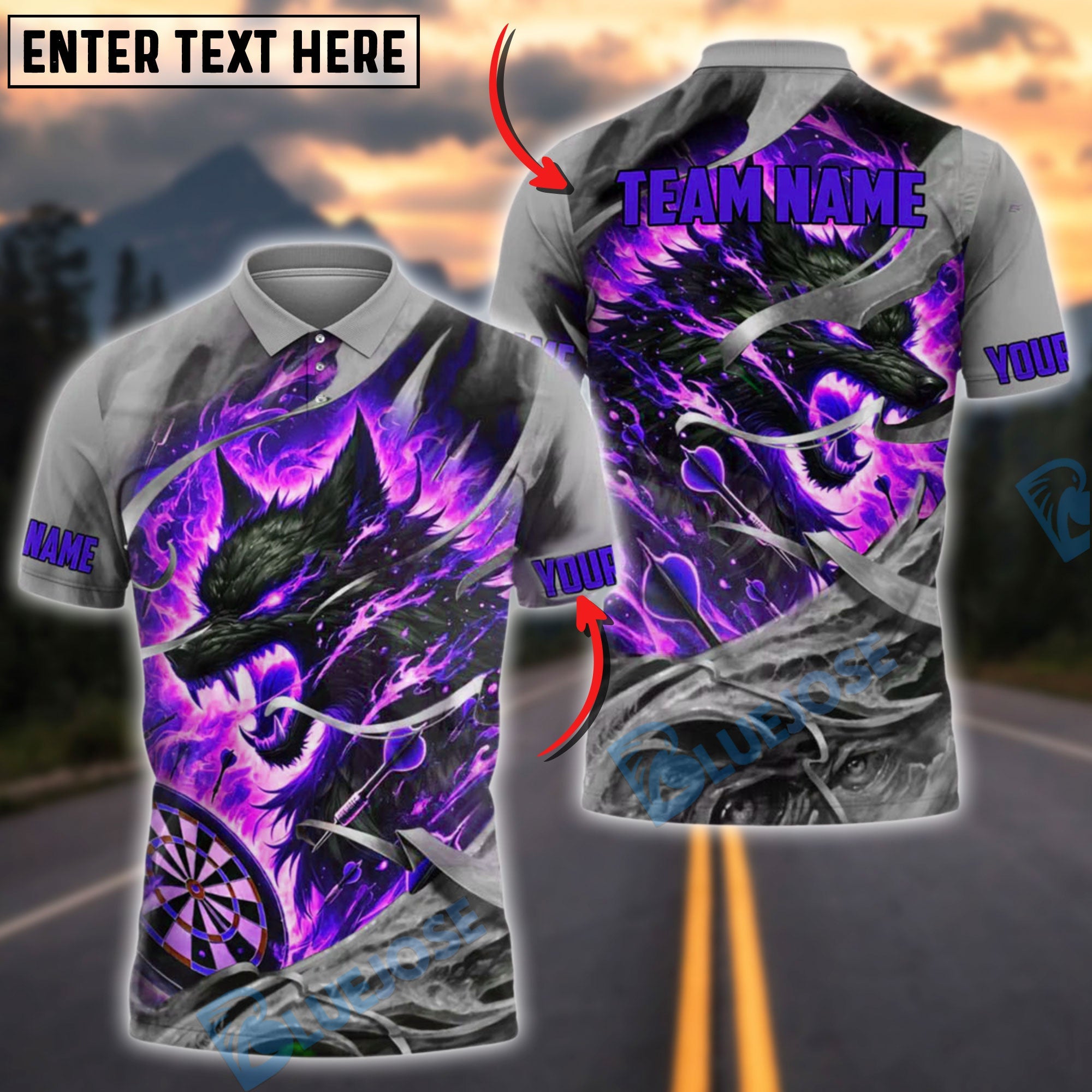 BlueJose Darts Fire Wolf Rage Customized Name, Team Name 3D Shirt (4 Colors)