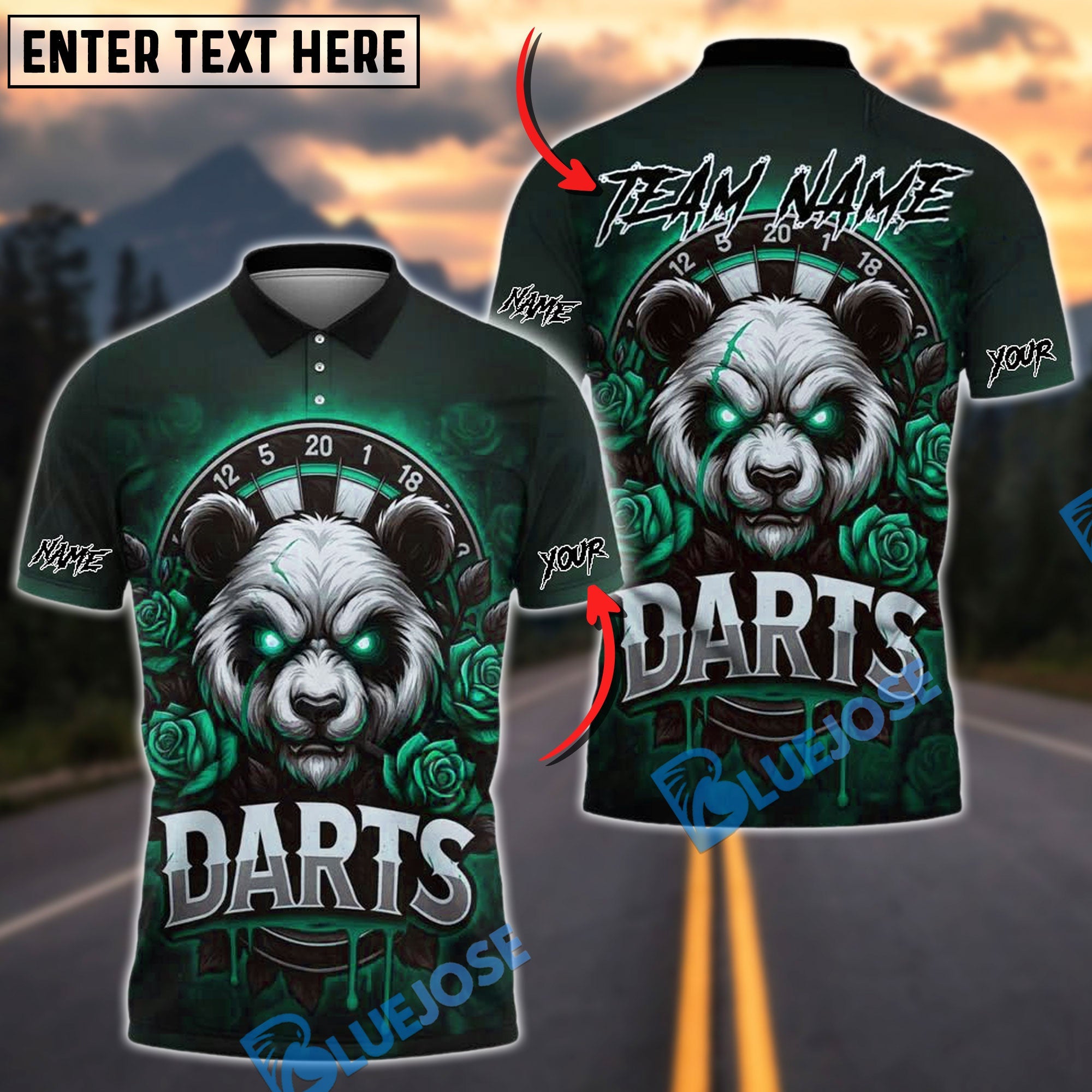 BlueJose Darts Angry Panda with Roses Personalized Name, Team Name Shirt (4 Colors)
