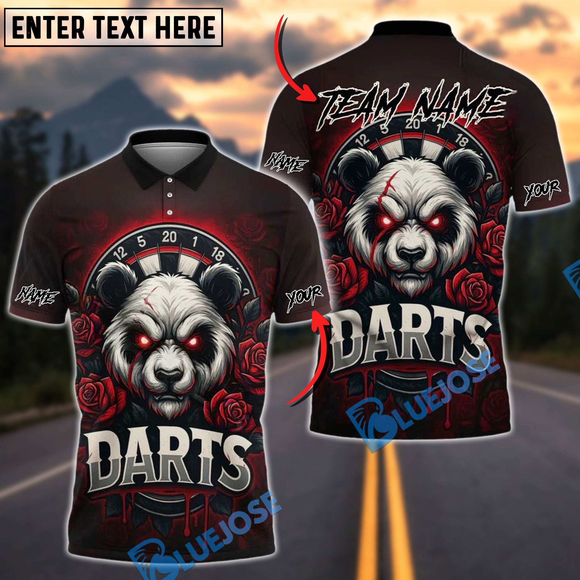 BlueJose Darts Angry Panda with Roses Personalized Name, Team Name Shirt (4 Colors)