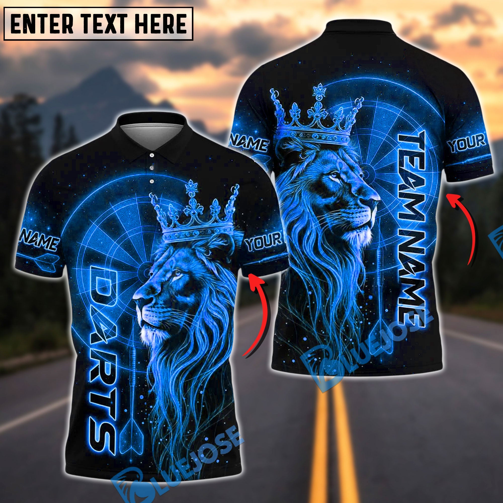BlueJose Darts Lion King Crown Gold Customized Name, Team Name 3D Shirt (4 Colors)